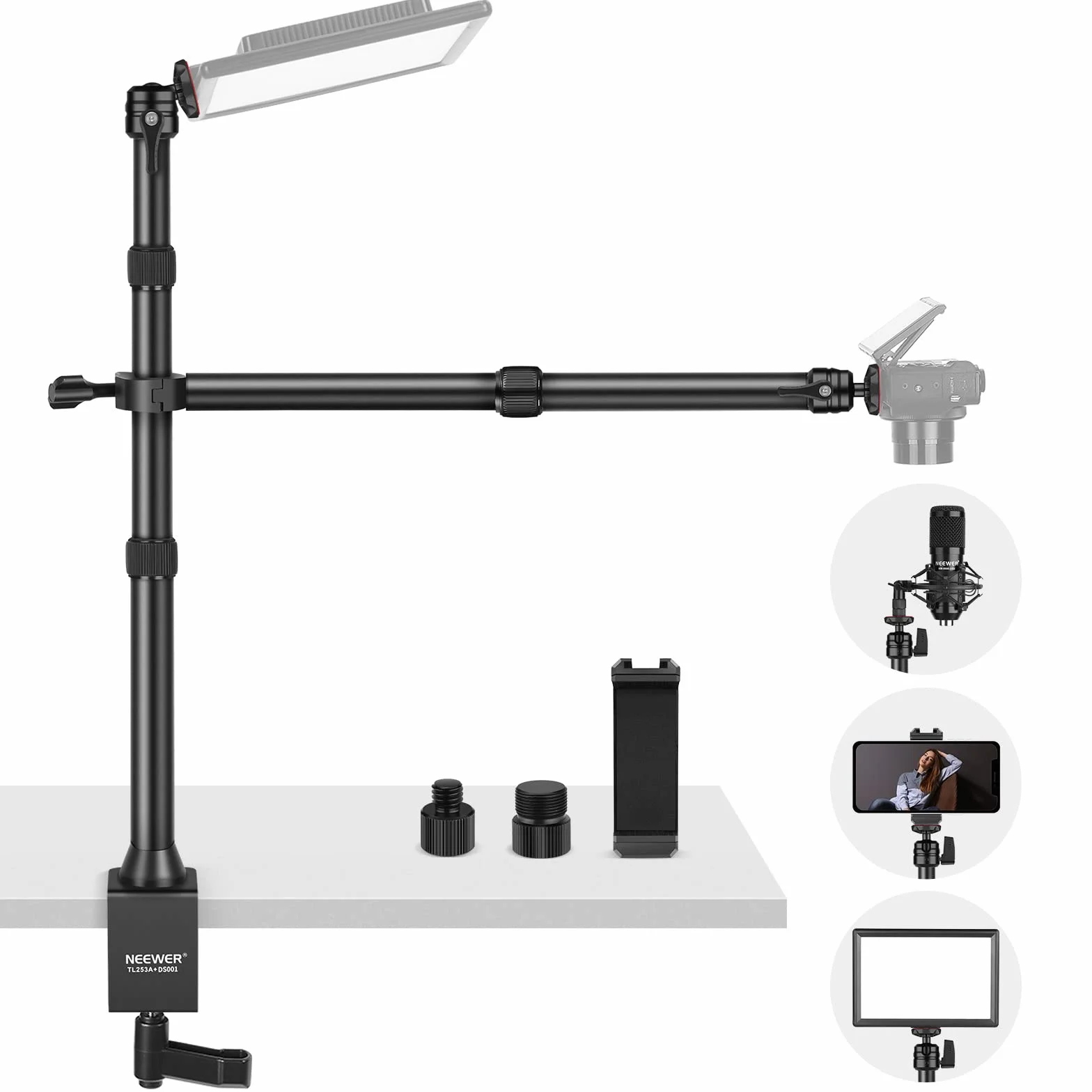 NEEWER Tisch Kamerastativ mit 2 Teleskopauslegern, Telefonhalter, Kugelköpfe, Schraubadapter, Tischleuchtenstativ für Kamera, Handy, Webcam, Ringlicht, TL253A+DS001
