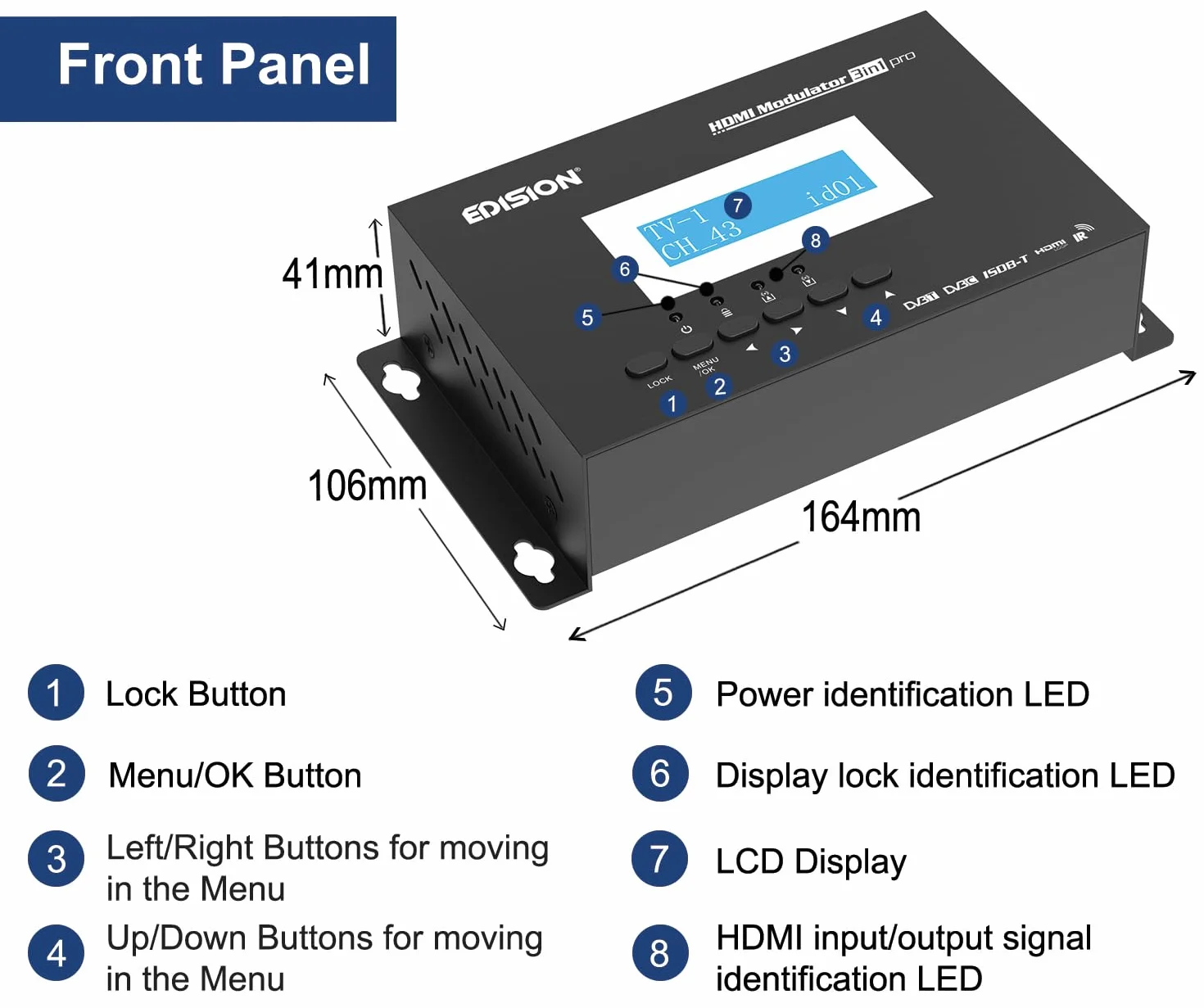 EDISION HDMI Modulator 3in1 pro, Modulator auf Kabel DVB-C, Terrestrisch DVB-T oder ISDB-T, Full HD Verteilung über Koaxial, RF IN, LCD Display, Schnelle Konfiguration, Plug & Play