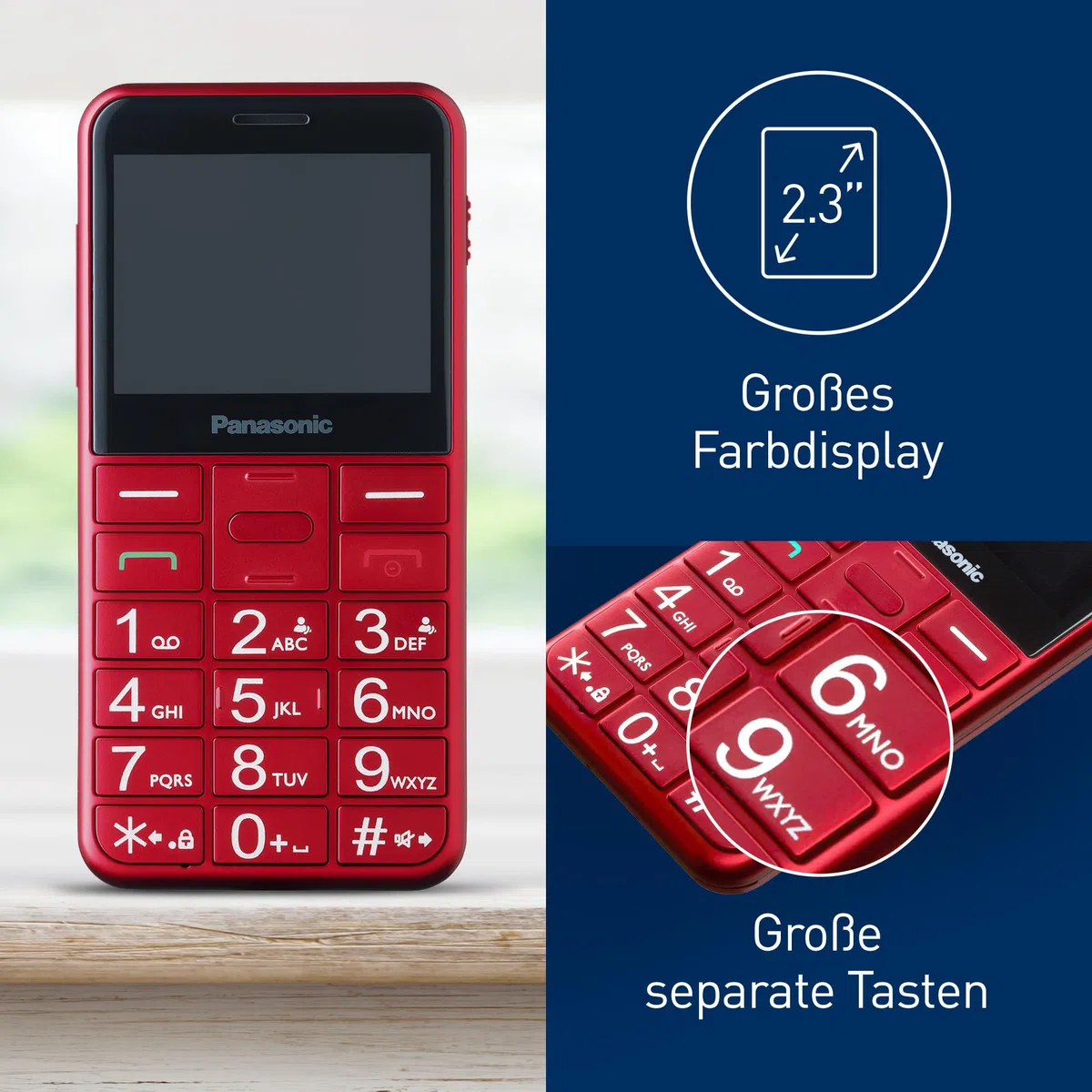 Panasonic KX-TU155EXRN 2G Essentials Handy für Senioren (Ladestation, SOS-Notfalltaste, Prioritätsanruf, Großtastentelefon, hörgerätekompatibel, Bluetooth, UKW-Radio, Kamera) Rot
