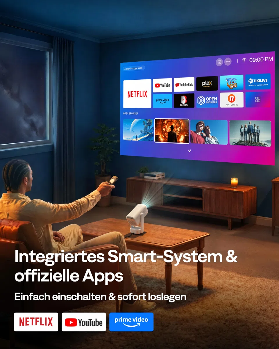 Aurzen D1 air Smart Beamer mit Netflix, 16W Dolby Audio, 1080P HDR10 4K-Unterstützung, 180° Drehbar Mini Tragbarer Projektor mit USB-C PD, TOF-Autofokus, Trapezkorrektur, Weiß