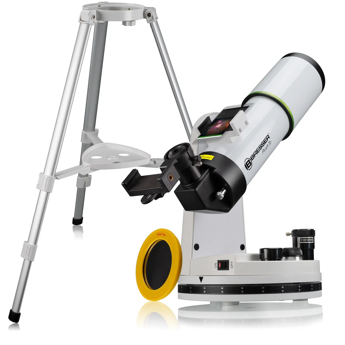 Bresser PushTo AR-80/400 Smart Teleskop für IOS, Android und Windows, 80mm Objektiv, 400mm Brennweite, Bluetooth, mit Stativ und Smartphone-Adapter