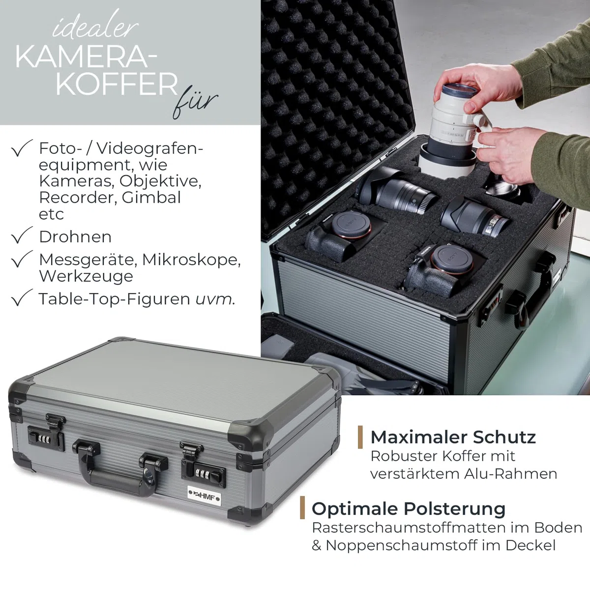 HMF 14402-02 Alu Fotokoffer, Waffenkoffer mit Rasterschaumstoff | 46 x 33 x 15 cm
