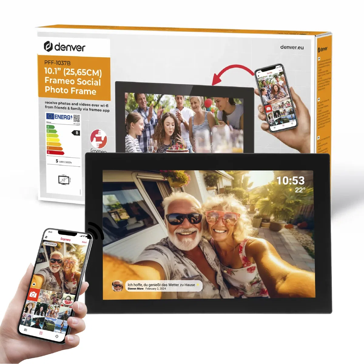 Denver PFF1037 Digitaler Bilderrahmen mit Glasdisplay und WiFi, 10.1 Zoll, Elektronischer Bilderrahmen 16GB mit FRAMEO App, IPS Touchscreen, Auto-Rotate, Micro SD Slot, Schwarz | Bildübertragung per WLAN, vom Handy