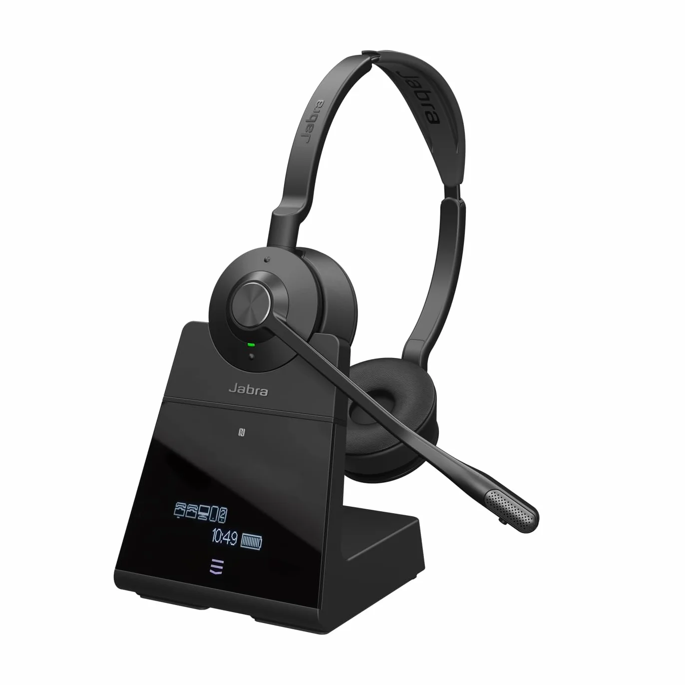 Jabra Engage 75 SE Drahtloses Stereo-Headset für professionelle Anrufe, DECT, 150 m Reichweite, USB-C zu USB-A mit fortschrittlichem Mikrofon mit Geräuschunterdrückung, mit Standfuß, Kabel - Schwarz