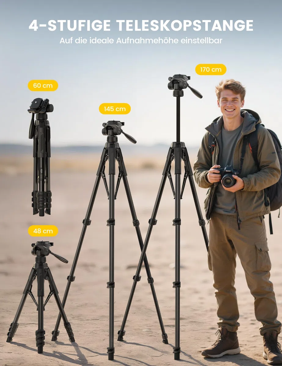 Lamicall Stativ Kamera, Kamerastativ Tripod - [Patentierte Schnellöffnung] Super Stabiles Camera Tripod mit 8KG Tragkraft & 4-Stufige Höhenverstellung, 170cm Reisen Dreibein-Stative mit Handyhalterung