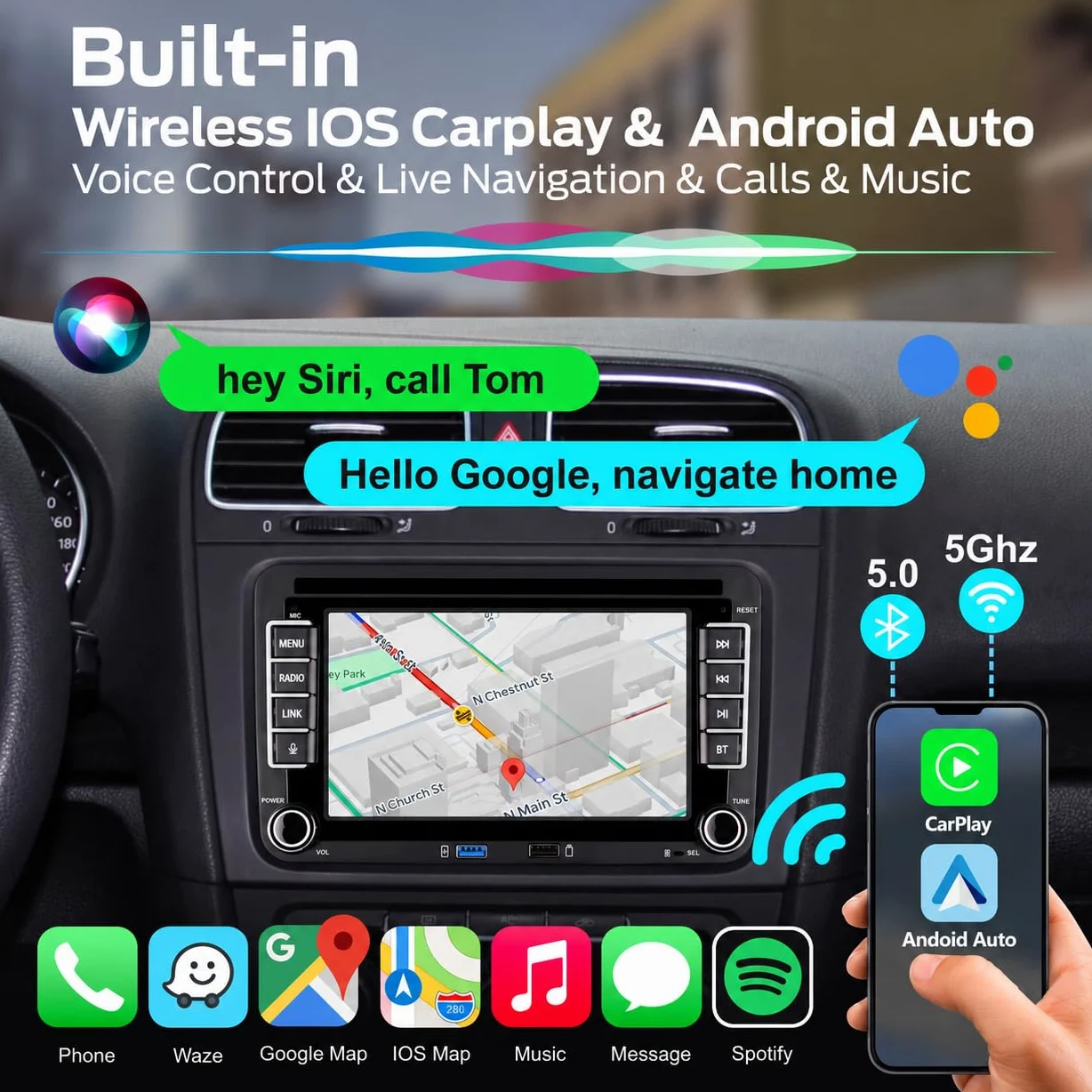 VW Autoradio Golf 5 6 Passat B6 Wireless CarPlay Android Auto DSP Bluetooth | Für Polo 5 6R Caddy Beetle,Plug & Play,Autom. Ein/Aus,Linux System,3s Schnellstart,Multifunktionslenkrad,HiFi,4x45W,FM RDS
