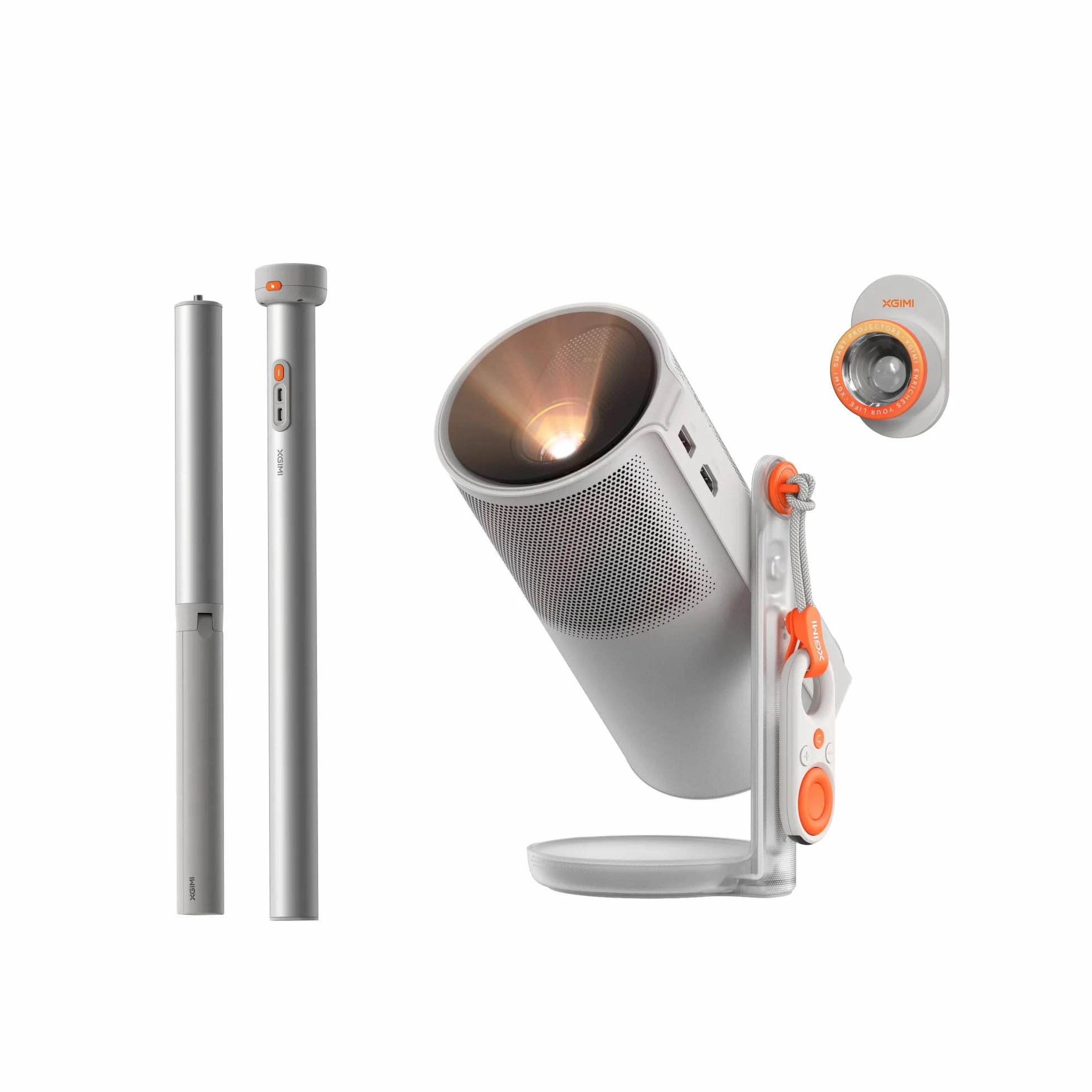 XGIMI MoGo 4 Mini Beamer Set mit Akku, 450 ISO-Lumen, 5h Laufzeit, Google TV, Netflix, 360° Ständer, 2×6W Harman Kardon
