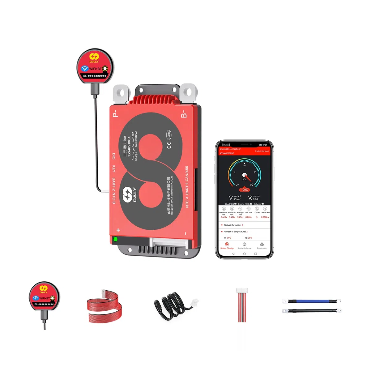 DALY Smart 13S BMS 48V 100A mit WiFi Modul und CAN 485 Kommunikationsschutzplatine für Li-Ion Lithium Batterie Pack(13S 48V Smart BMS+RS485+CAN+WiFi Modul，100A)