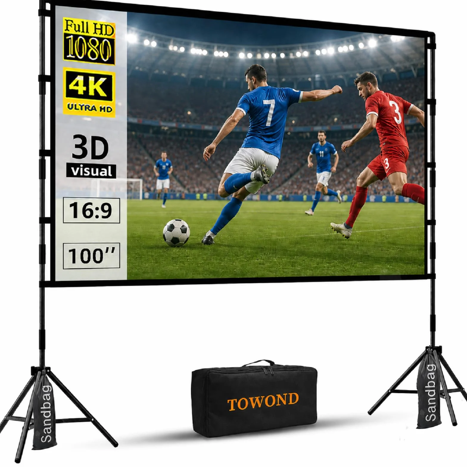 TOWOND Beamer Leinwand mit Stativ, Mobile Leinwand für Beamer 100 Zoll, Filmleinwand Indoor Projektor Tragbare Outdoor Kino, 16:9 HD Rear Front Projektion mit Tragetasche für Home Garten Party Nächte
