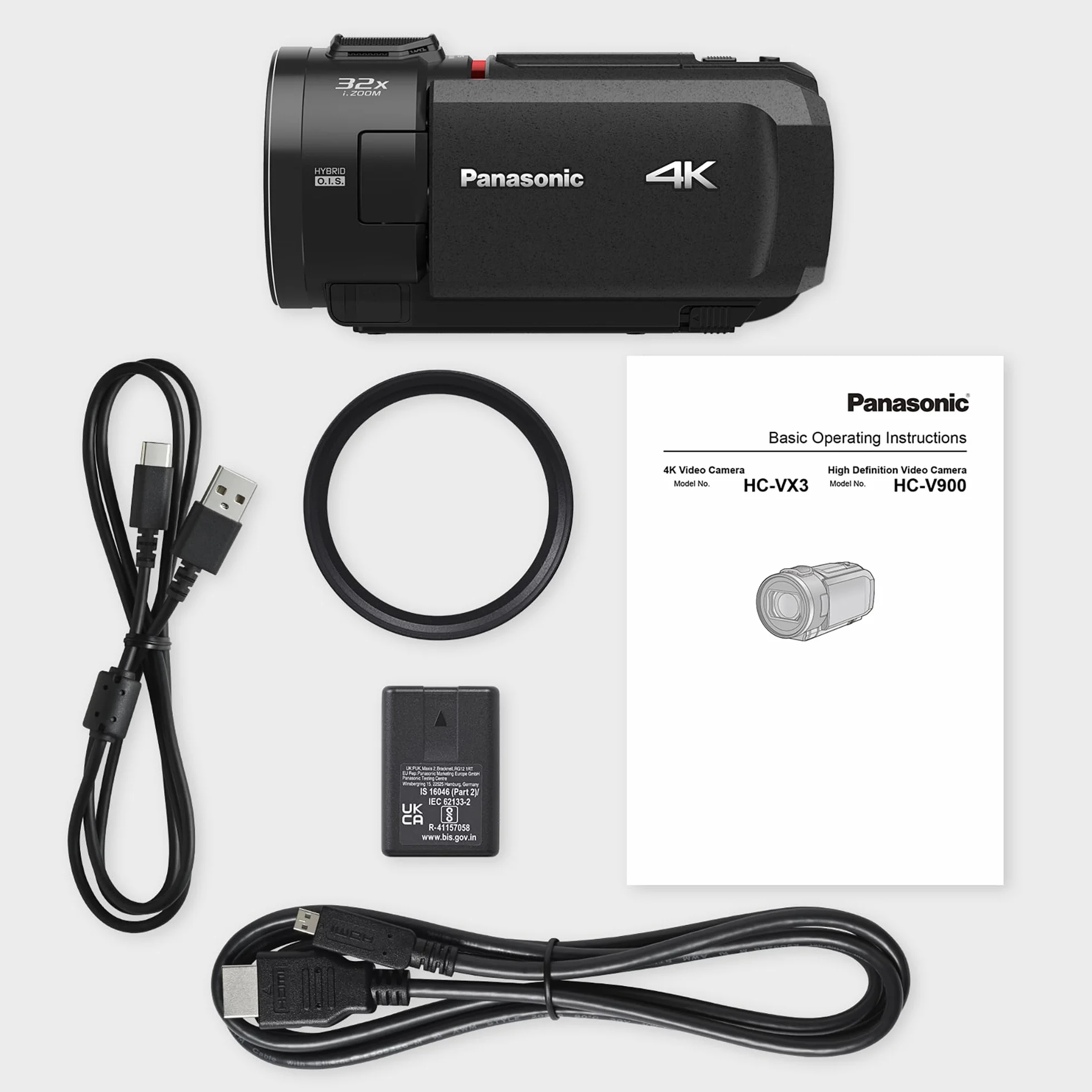 Panasonic HC-VX3E-K 4K-Camcorder, Video (25p), 25-mm-F1.8-Weitwinkelobjektiv, 24-facher optischer Zoom, Hybrid OIS+, HDR, Zoom-Mikrofon, Touchscreen, kreative Funktionen, Schwarz