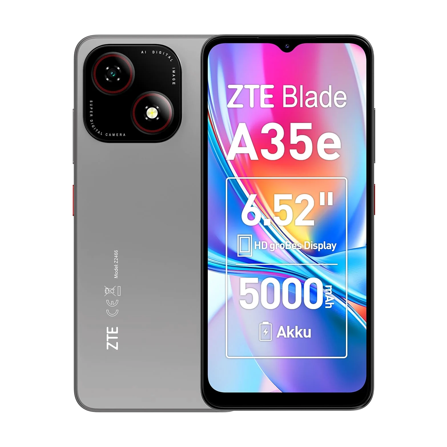 ZTE Blade A35e, Android-Handy，Smartphone ohne Vertrag: 2GB+64GB Speicher, Silvery Gray, 5000 mAh Batterie & 6.52" HD+Display