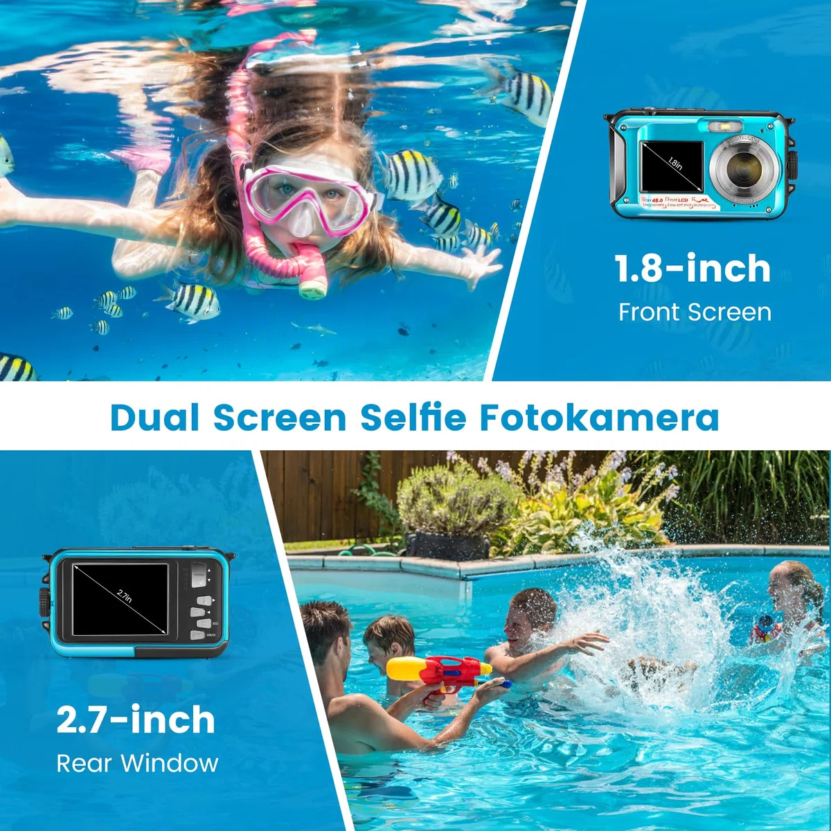 Unterwasserkamera, Full HD 2.7K 48MP Autofocus Digitalkamera 10FT Dual Screen wasserdichte Kamera Selfie Anti Shake 16X Digital Zoom Schnorcheln Digitalkamera für Schnorcheln Schwimmen, Blau