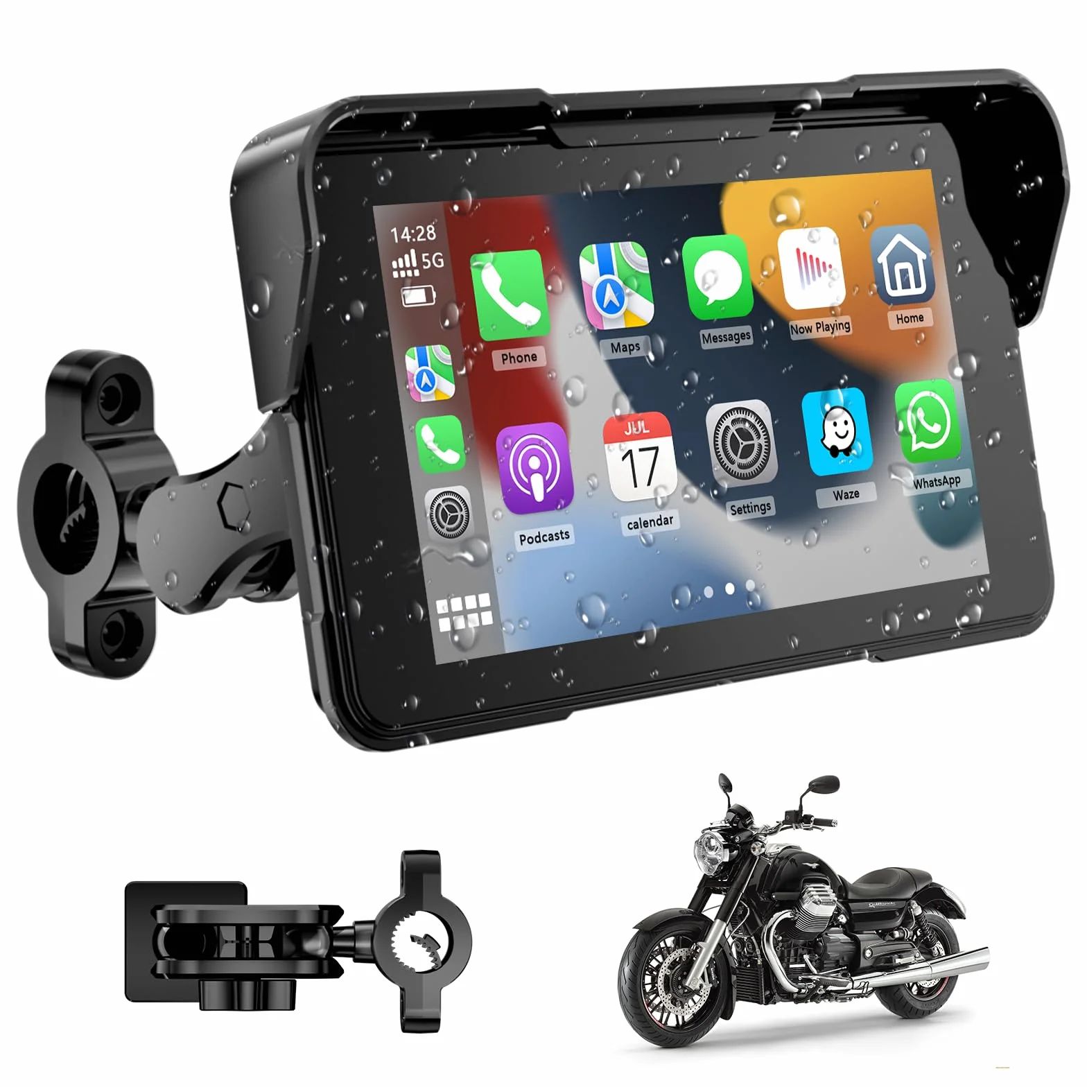 Motorrad Navi Carplay Display, Motorrad Navigationsgeräte mit CarPlay & Android Auto, 5 Zoll Wasserdicht Motorräder Display mit Bluetooth, Motorradnavigation, Sprachassistenten, Magnetische Halterung
