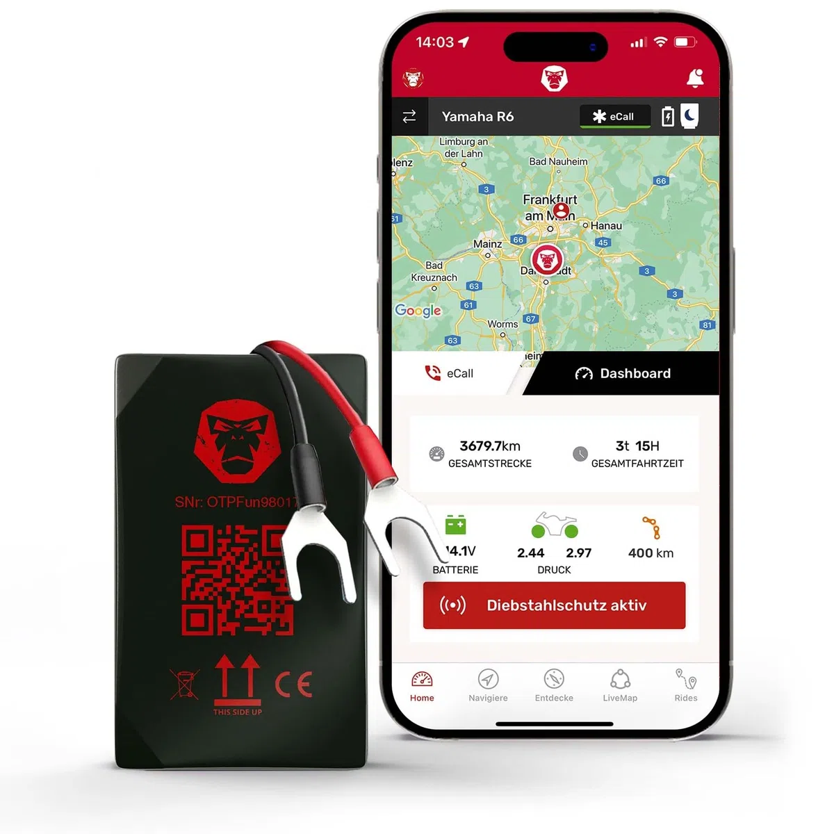 GPS Tracker Motorrad RideLink WingMan 4G | Live Tracking und Diebstahlmelder | Inklusive Motorrad Navigation, Routenplaner und Community | Robust, IP54 Wasserdicht und Staubdicht | made in Germany