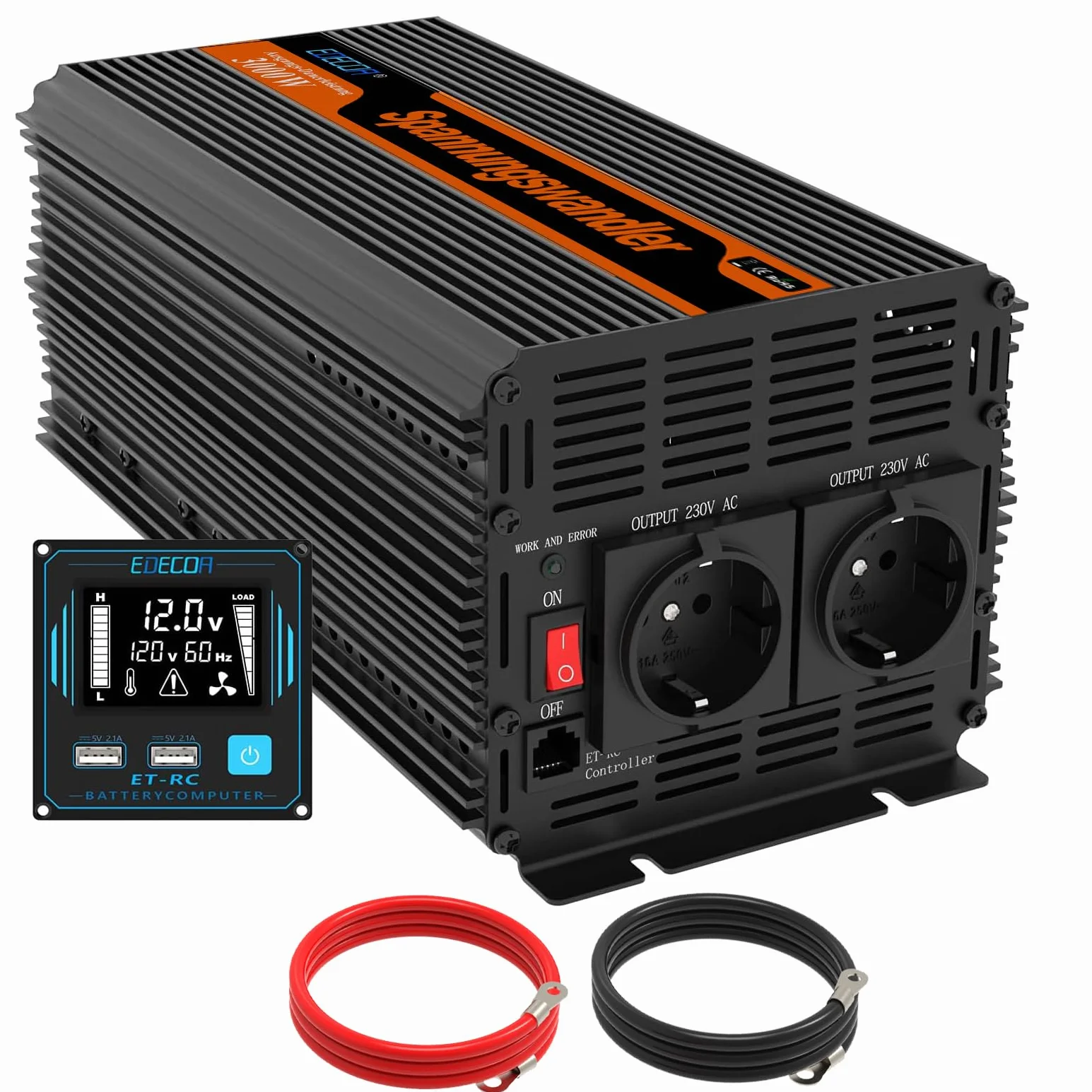 EDECOA Wechselrichter 3000w 12v 230v Spannungswandler Modifizierte Sinuswelle mit Neuer Fernbedienung 2X USB und Bildschirm LCD für Sonnenkollektor KFZ Wohnmobil