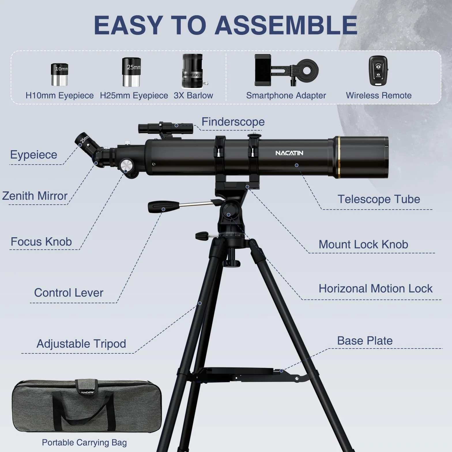 Astronomie Teleskop für Erwachsene & Anfänger - 90mm Öffnung 800mm Refraktor mit 32X-240X Vergrößerung, stabilem Eisenstativ, Smartphone-Adapter & Rucksack - für Mond, Planeten & Sternebeobachtung