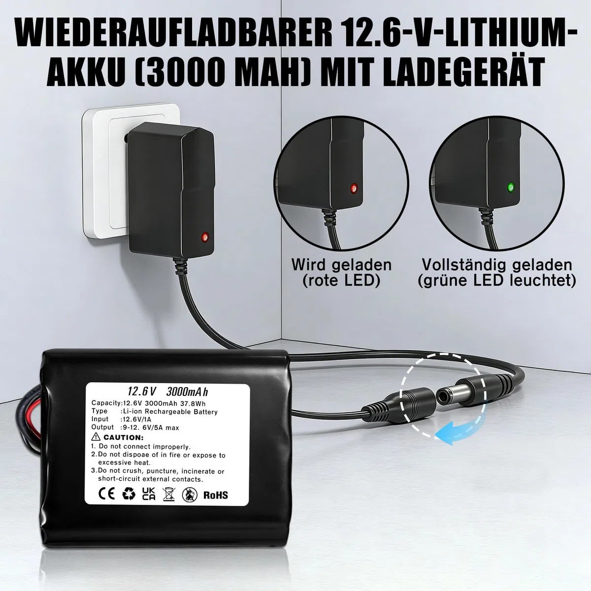 12.6V 3000mAh Lithium-ionen Akku, Wiederaufladbarer Akku mit Ladegerät und 2 Verbindungskabeln für Solar Panel, Radio, Kameras, Camcorder, DIY Leselampe, Teleskop, Sonar