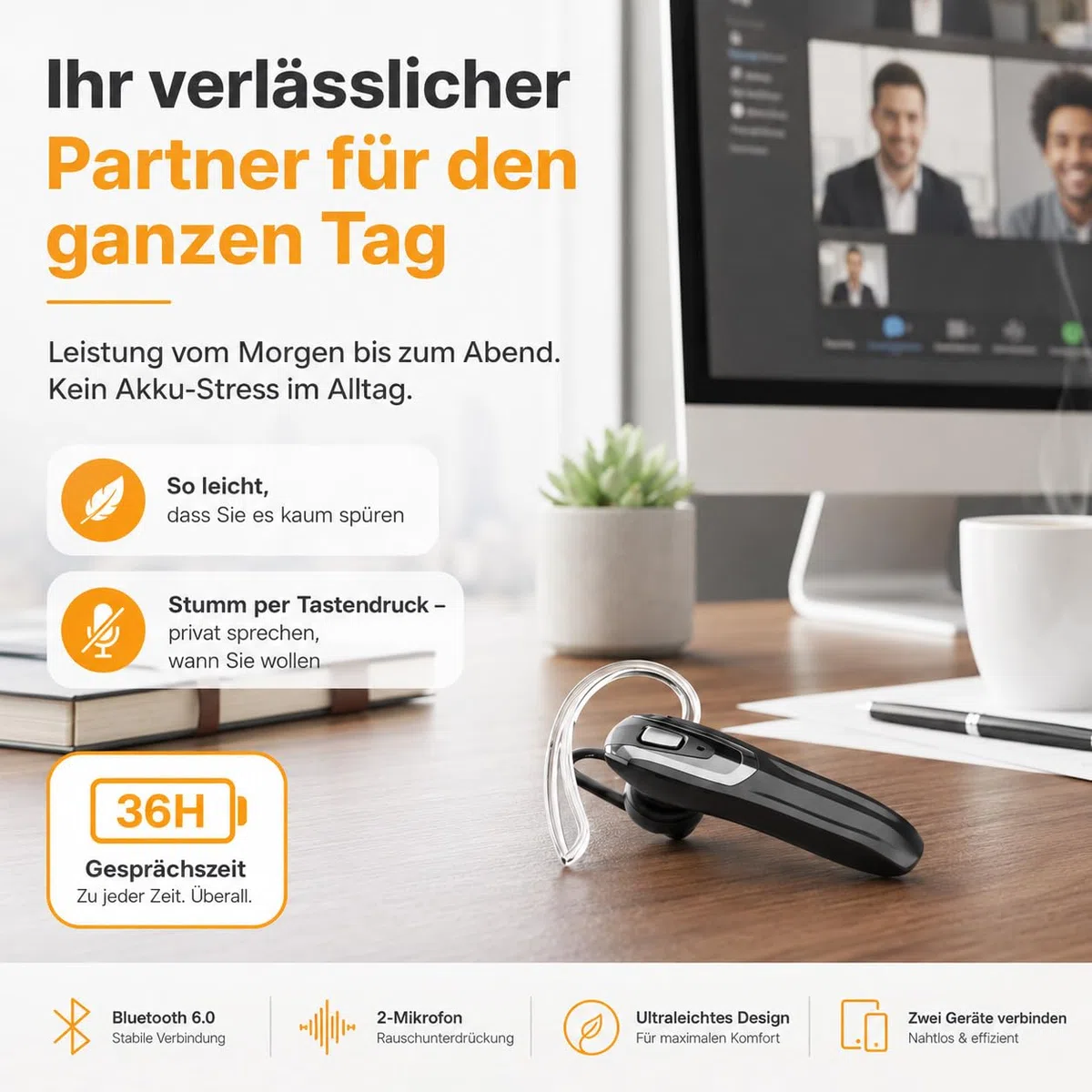 Bluetooth Headset V6.0 mit KI Geräuschunterdrückung 38 Std. Sprechzeit Single Ear Freisprech-Ohrhörer Dual Pairing Schwarz-Silber