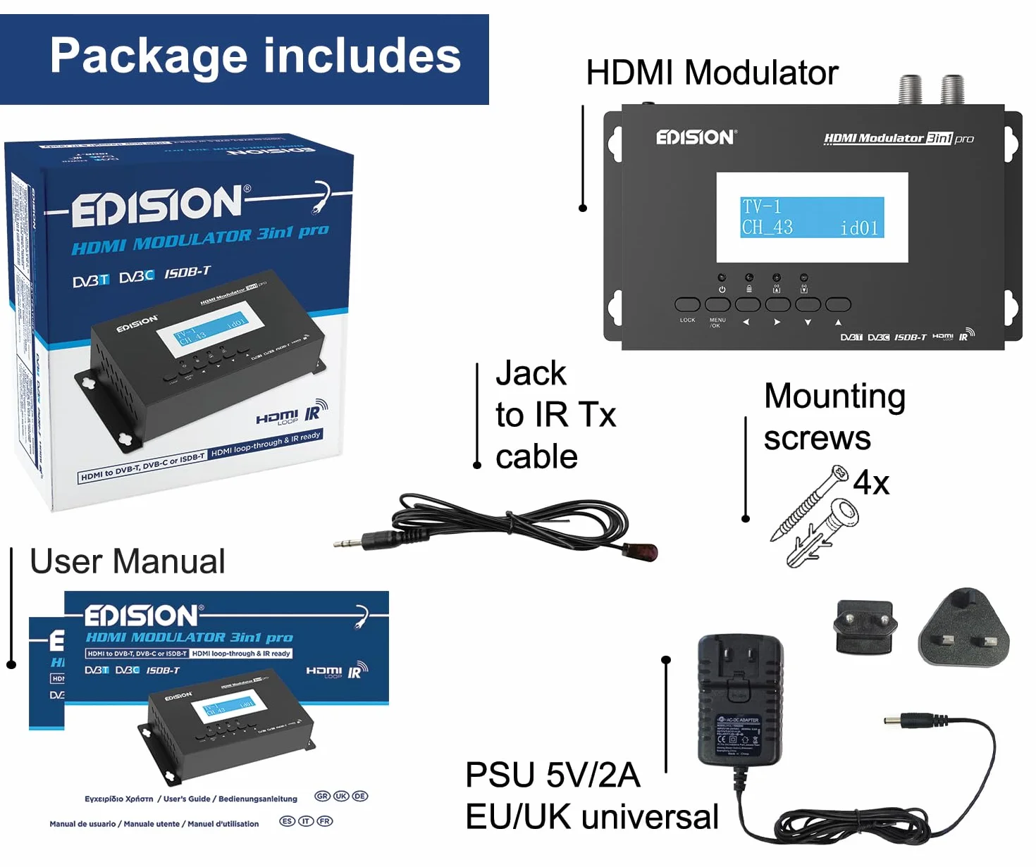 EDISION HDMI Modulator 3in1 pro, Modulator auf Kabel DVB-C, Terrestrisch DVB-T oder ISDB-T, Full HD Verteilung über Koaxial, RF IN, LCD Display, Schnelle Konfiguration, Plug & Play