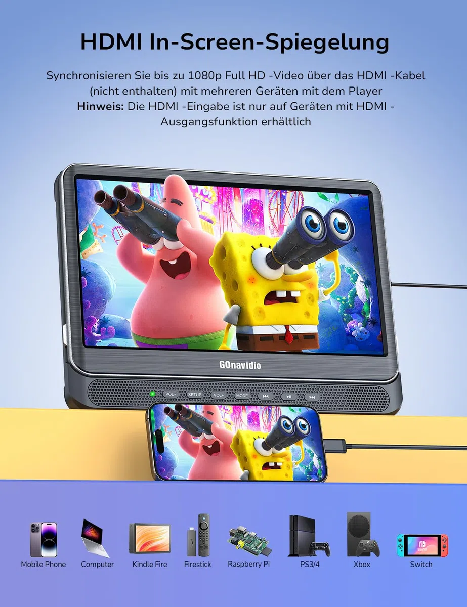 GOnavidio 12'' Auto DVD Player 2 Monitore mit HDMI-Eingang, 2 Kopfhörern, Auto Fernseher für Kinder Unterstützt Letzter Speicher, Regionsfrei, USB-SD-Karte