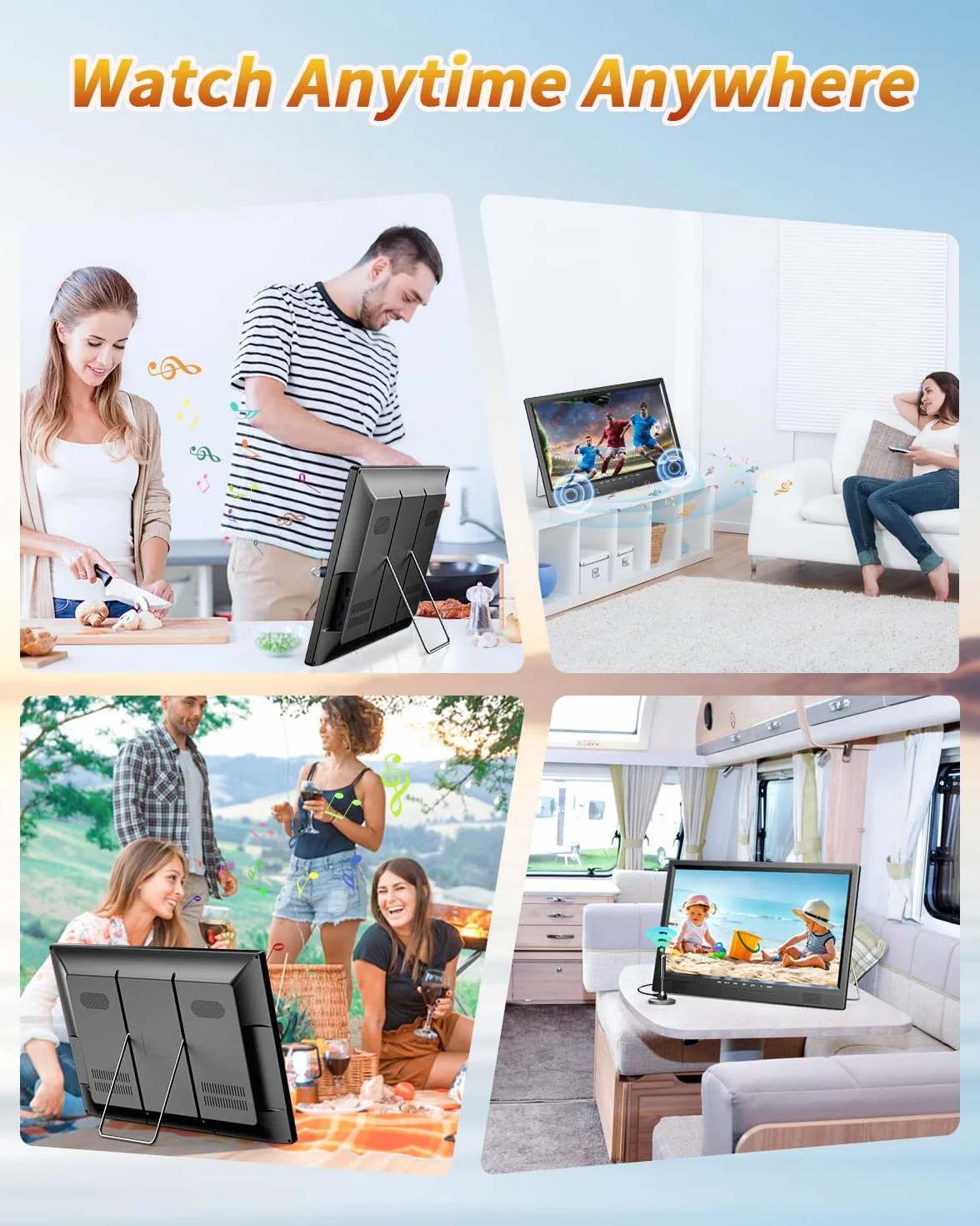 DESOBRY 19-Zoll Fernseher, 1080P Kleiner Fernseher DVB-T2-Tuner mit Antenne, Wiederaufladbarer TV HDMI AV USB Eingang, Tragbarer 12V TV für Camping, Wohnmobil, küchen
