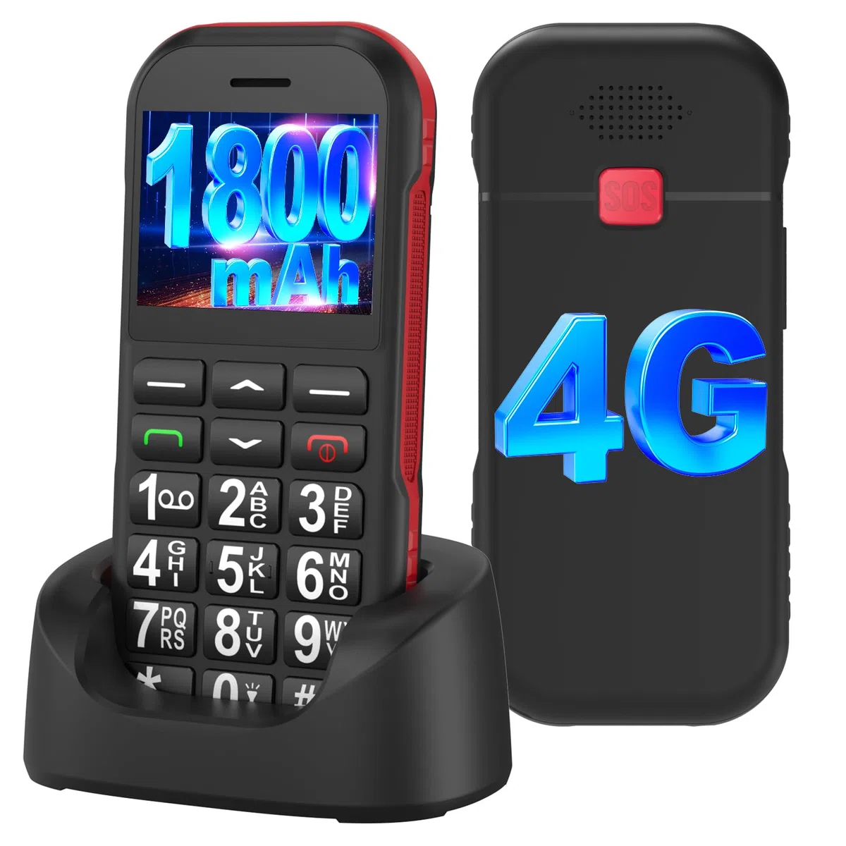 CHAKEYAKE 4G Seniorenhandy Mobiltelefon Ohne Vertrag mit Große Tasten,1800mAh Lange Standby Rentner Senioren Handy Großtastenhandy mit USB-C,SOS-Funktion,Taschenlampe,Ladestation-Schwarz