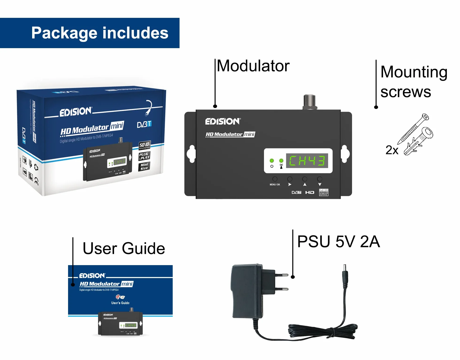 EDISION HDMI Modulator mini, Single HDMI auf DVB-T MPEG4 RF Modulator, Full HD Verteilung über Koaxial, Plug and Play, USB Pre-Config Funktion 50ID, Schnelle Konfiguration, Mini-Größe