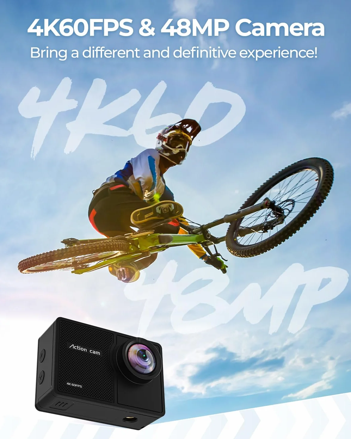 4K 60FPS Action Cam, Unterwasserkamera mit 64G SD Karte 48MP HD WiFi Kamera mit EIS 40M Wasserdicht Actionkameras Weitwinkel Sportkamera mit 2 * 1350 mAh Akkus Helmhalterung Zubehör Kits