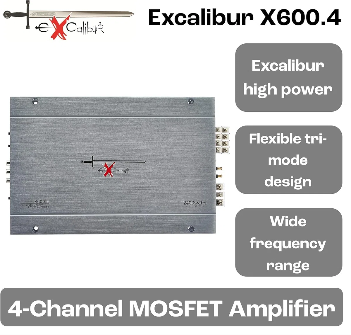 Excalibur X600.4 - Auto Verstärker 4 Kanal - 4X 600 Watt Mosfet HiFi KFZ Endstufe mit Bass-Boost - 2400 Watt Maximum - 2 Ohm Variable Frequenzweiche, Silber