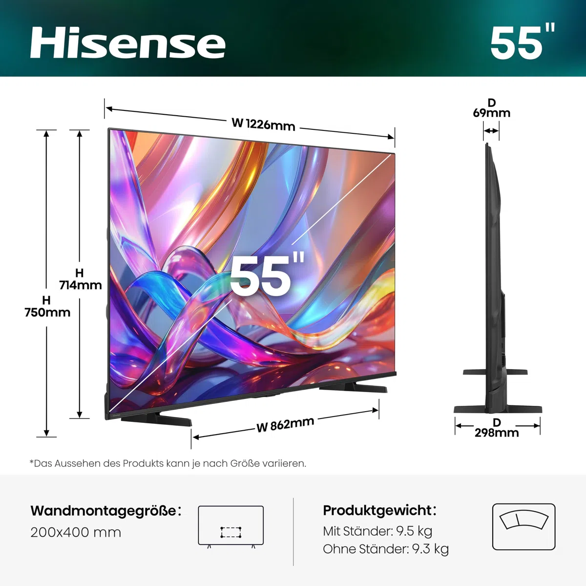 Hisense 55E7DS Fernseher 55 Zoll, 4K UHD QLED, Smart TV, Hi-View AI Engine, 60Hz Game Mode Plus, Dolby Vision IQ, HI-QLED Colour, Filmmaker Mode, AI Smooth Motion, Airplay, Sprachsteuerung[2026]