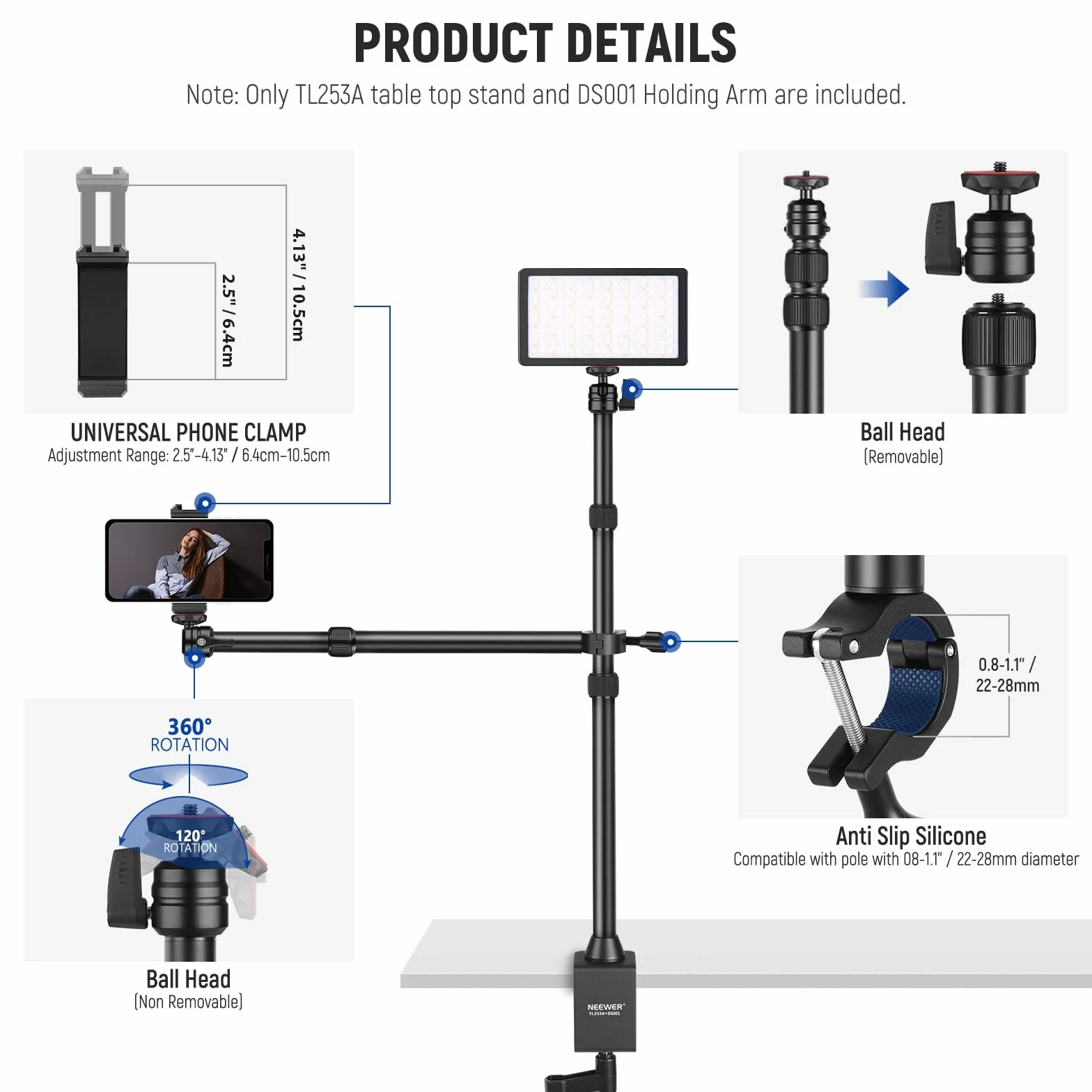NEEWER Tisch Kamerastativ mit 2 Teleskopauslegern, Telefonhalter, Kugelköpfe, Schraubadapter, Tischleuchtenstativ für Kamera, Handy, Webcam, Ringlicht, TL253A+DS001