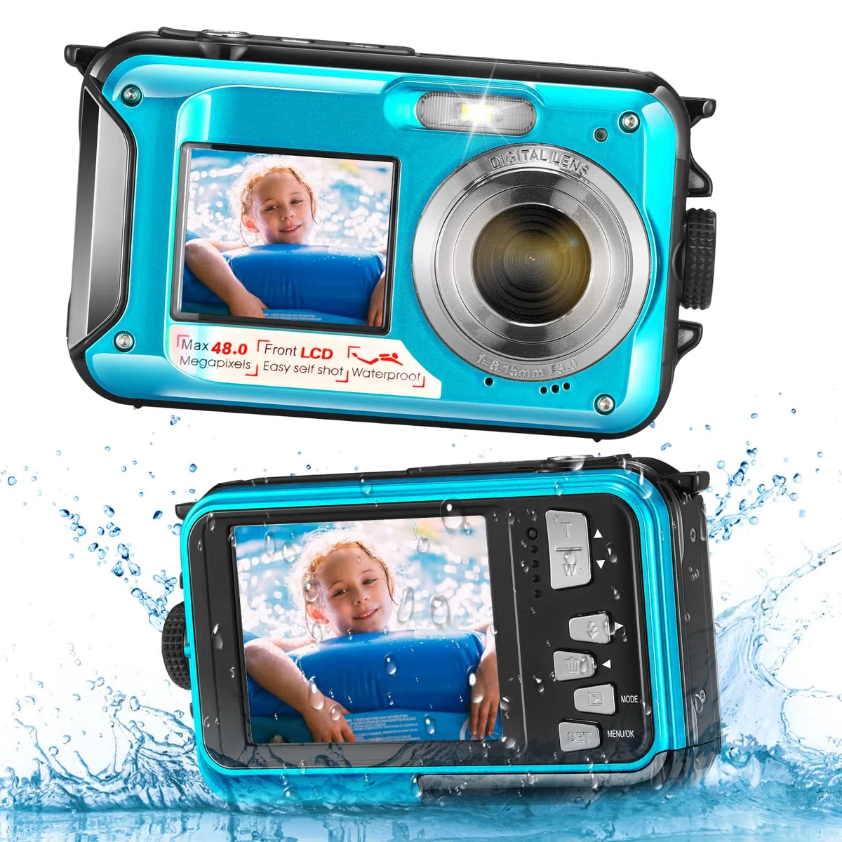 Unterwasserkamera, Full HD 2.7K 48MP Autofocus Digitalkamera 10FT Dual Screen wasserdichte Kamera Selfie Anti Shake 16X Digital Zoom Schnorcheln Digitalkamera für Schnorcheln Schwimmen, Blau