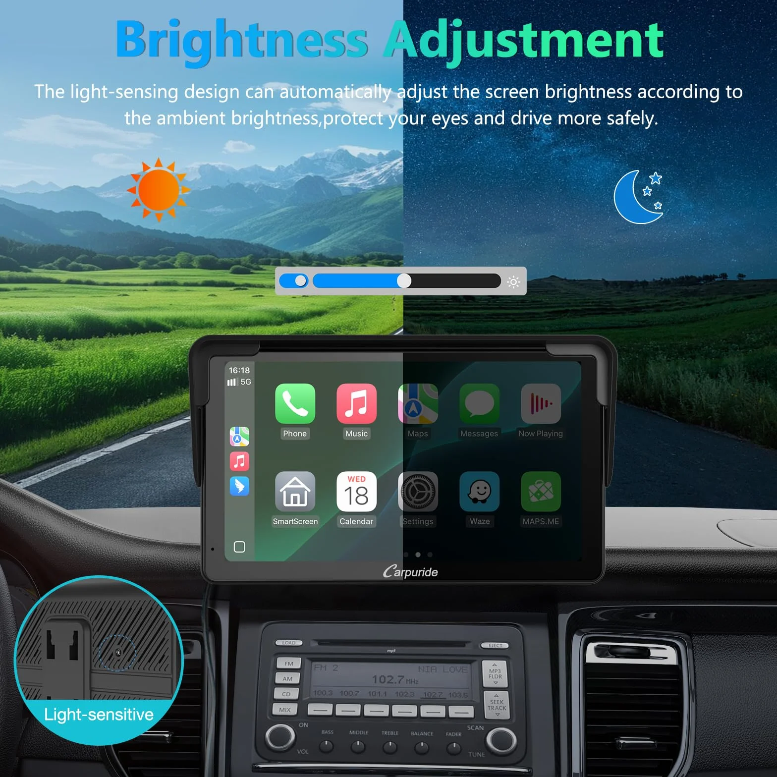 Carpuride Carplay Screen, Tragbares Kabelloses Carplay und Android-Auto, 7 Zoll 1080P HD-Touchscreen-Radio mit BT 5.0, Spiegel-Link-Unterstützung, LKW, Wohnmobil, Armaturenbrett-Halterung