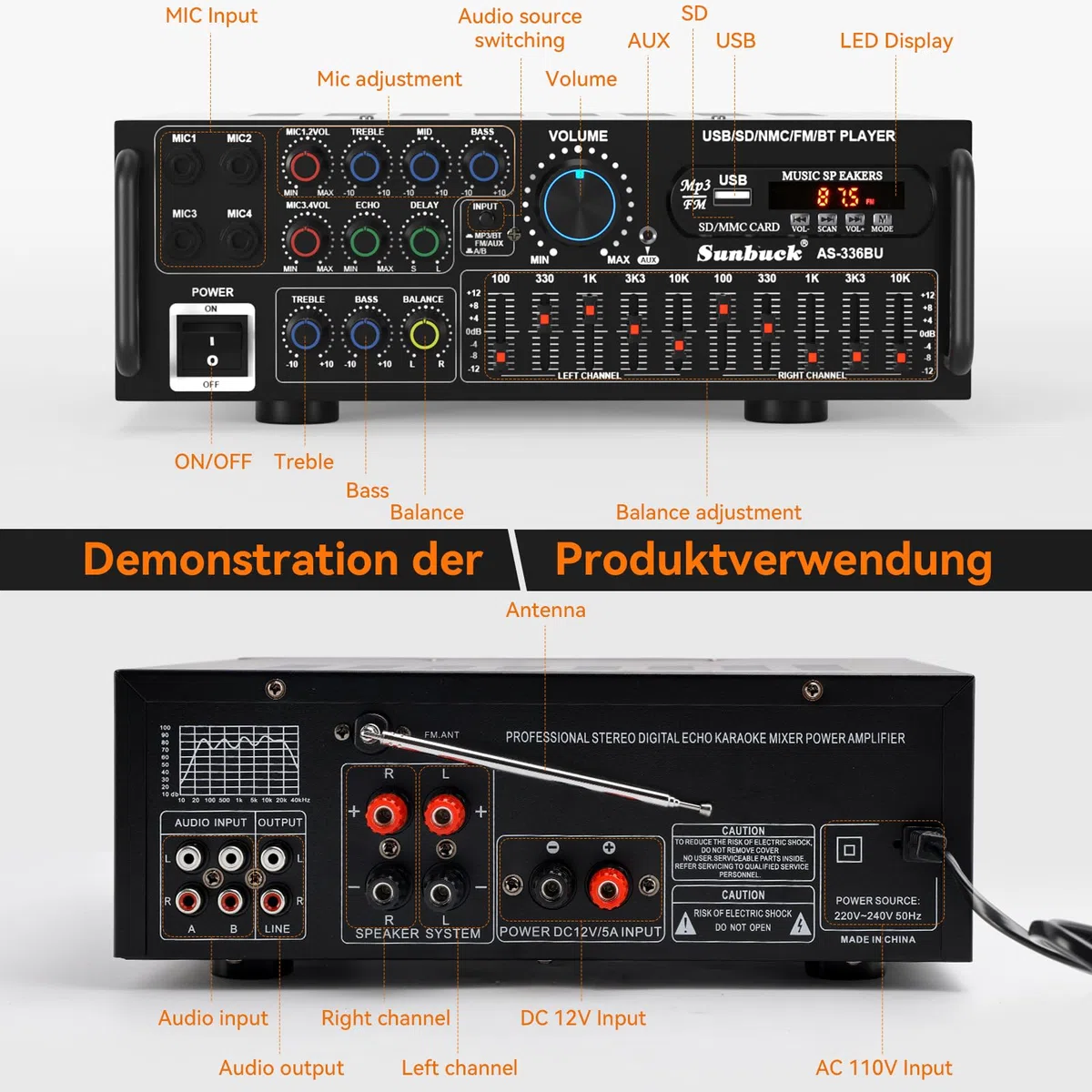 HiFi Verstärker Stereo pa endstufe mit Bluetooth 5.0 2000W Audio Receiver Karaoke FM USB SD AUX, Vorverstärker HiFi 5-Band-EQ-Mixer, 4 Mikr, Verstärker mit Boxen, Tuner HiFi Stereo