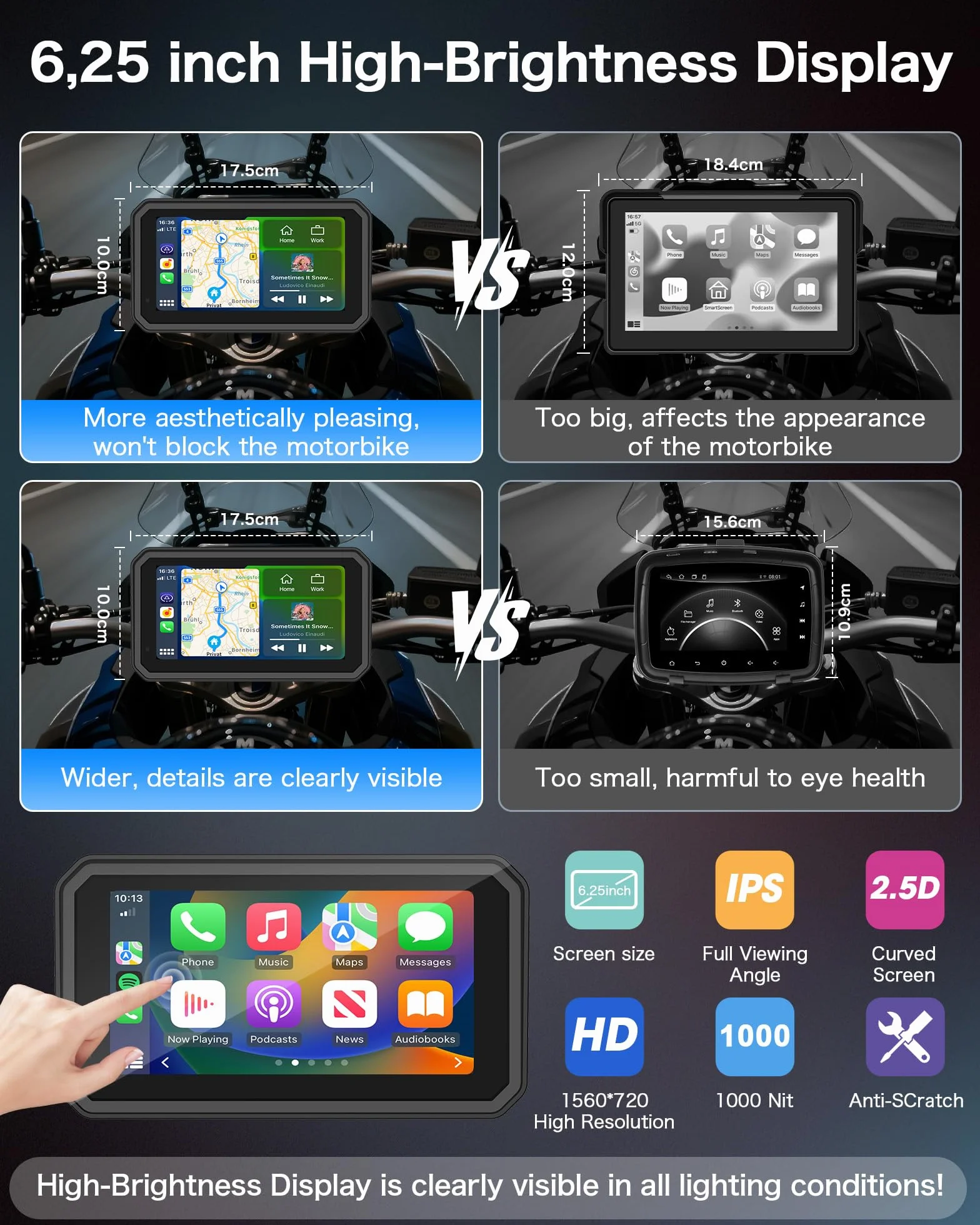 Jansite 4K Motorrad CarPlay Android Auto 6,25 Zoll Motorrad Navi mit Dashcam Vorne Hinten, IP67 Wasserdicht Bildschirm, Dual-Bluetooth,Siri/G-oogle Assistant