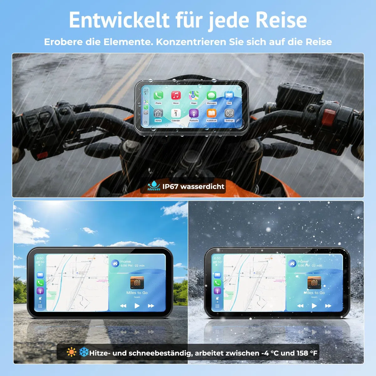 W622 Motorrad kabelloses CarPlay Display 6,25" Touchscreen,kompatibel mit Apple CarPlay & Android Auto,Navi, Sprachsteuerung,IP67 wasserdicht,TPMS,Dual Bluetooth,USB/Acc Stromversorgung