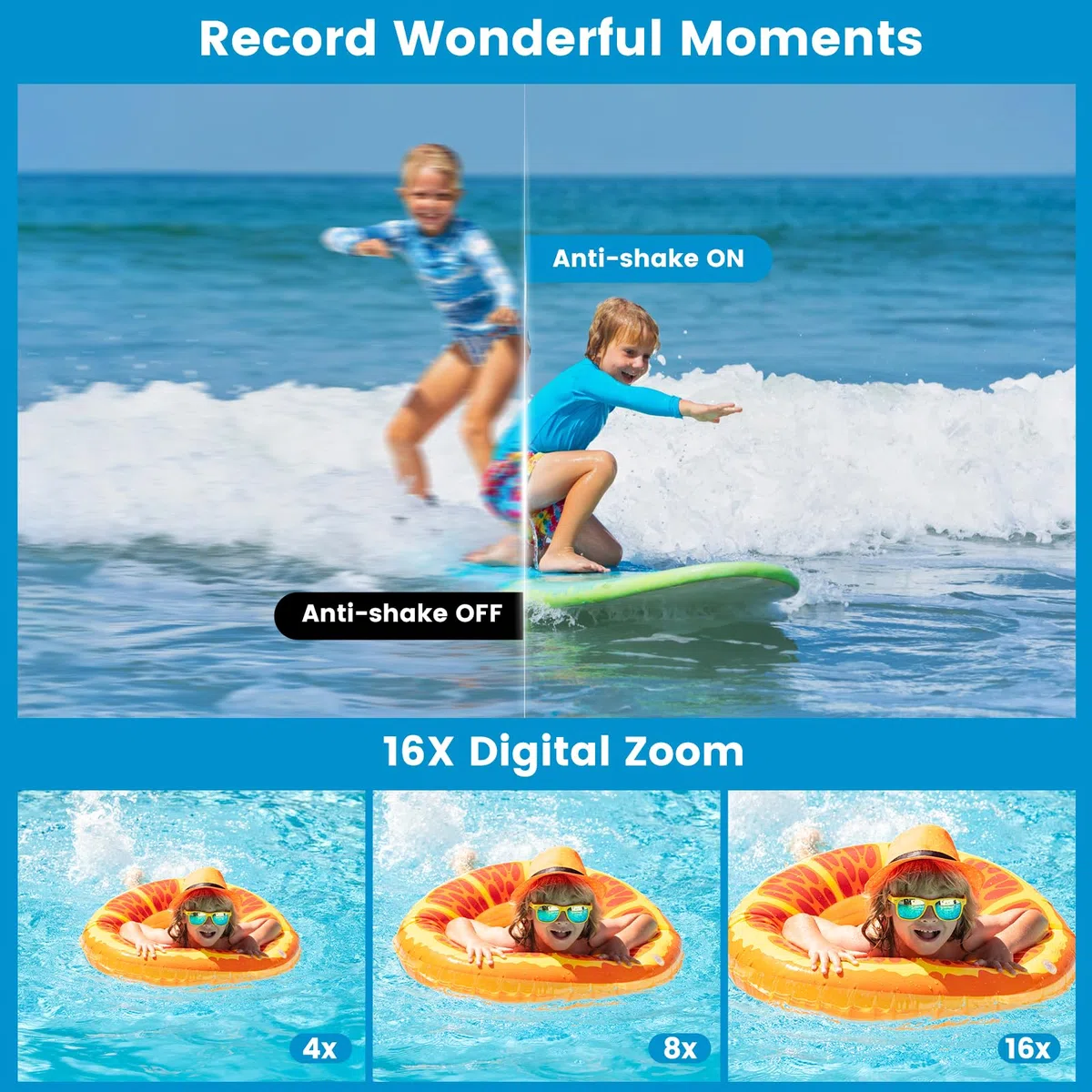 Unterwasserkamera, Full HD 2.7K 48MP Autofocus Digitalkamera 10FT Dual Screen wasserdichte Kamera Selfie Anti Shake 16X Digital Zoom Schnorcheln Digitalkamera für Schnorcheln Schwimmen, Blau