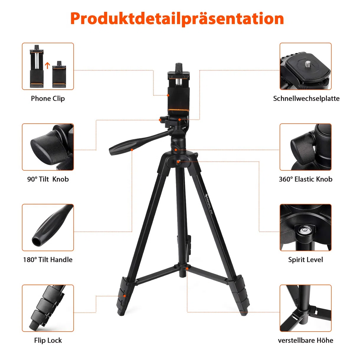 GEEKOTO Handy Stativ Ausziehbar, 54" Stativ für Smartphone mit 360-Grad-Panorama-Drehplattform und 1/4 Universal-Befestigungsschrauben für spiegellose/Gopro/DSLR-Kamera Schwarz