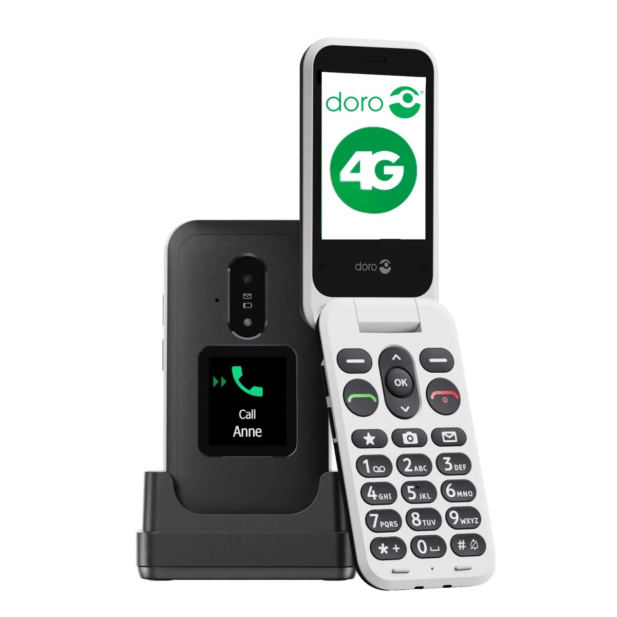 Doro Leva E30 - 4G Klapptelefon für ältere Menschen - Großer 2,8-Zoll-Bildschirm, externes Display, kontrastreiche Tasten, lauter & klarer Klang, Kamera - Doro Secure-Taste - Ladeschale - Schwarz/Weiß
