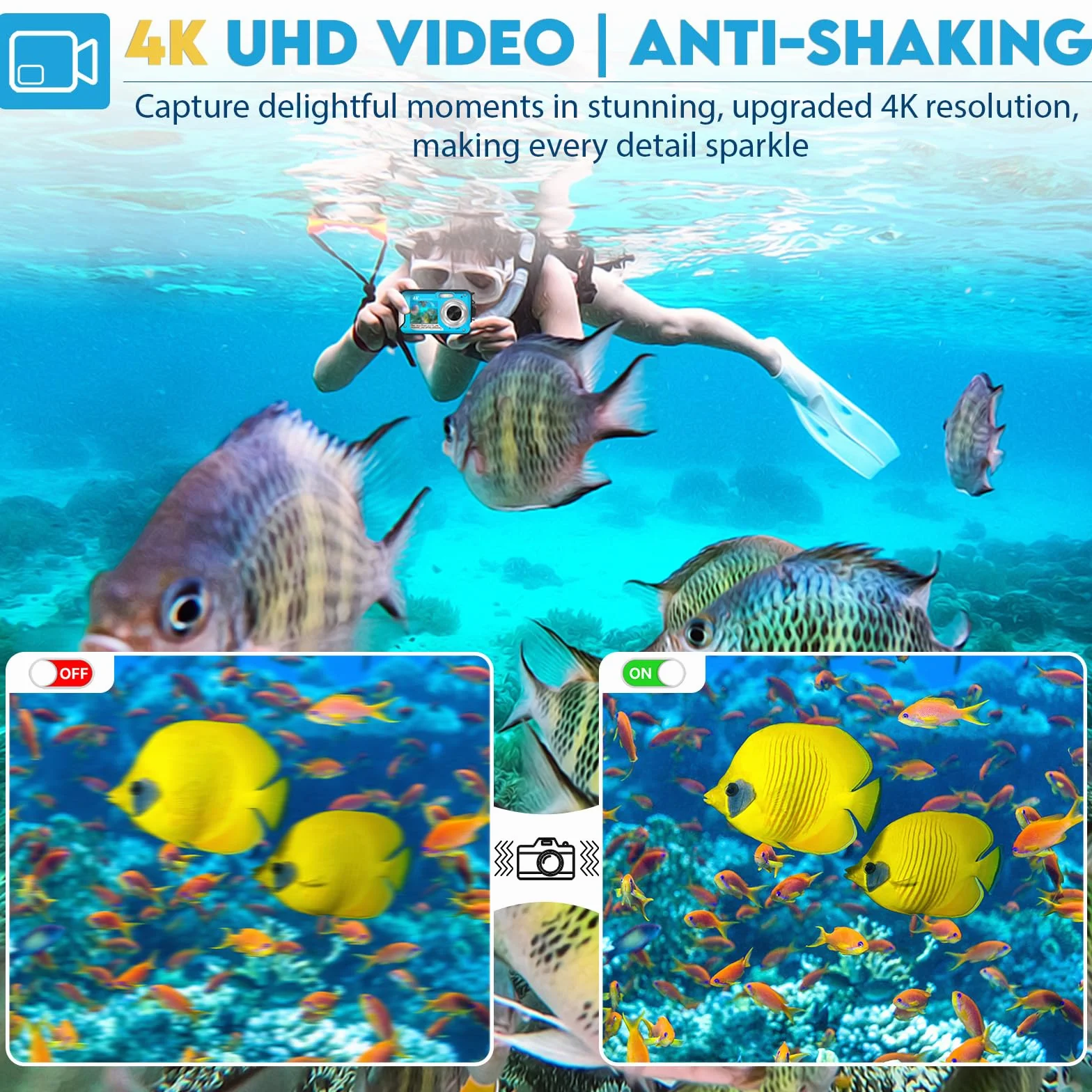 64MP Unterwasserkamera mit 32GB Speicherkarte, 4K unterwasser kamera mit Autofokus & Dual-Selfie-Bildschirmen, 5 Meter kamera wasserdicht, digitalkamera wasserdichte für Kinder & Schnorcheln (2 Akkus)