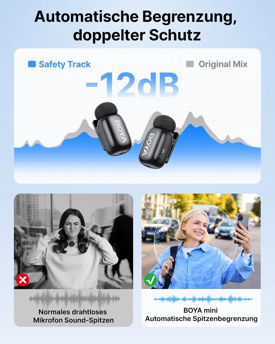 BOYA MINI 2 Mikrofon Handy, 48kHz/24Bit, 100m, 30h, USB-C, Kabelloses Lavalier-Mikrofon für iPhone 15 16 17 Serie, Android