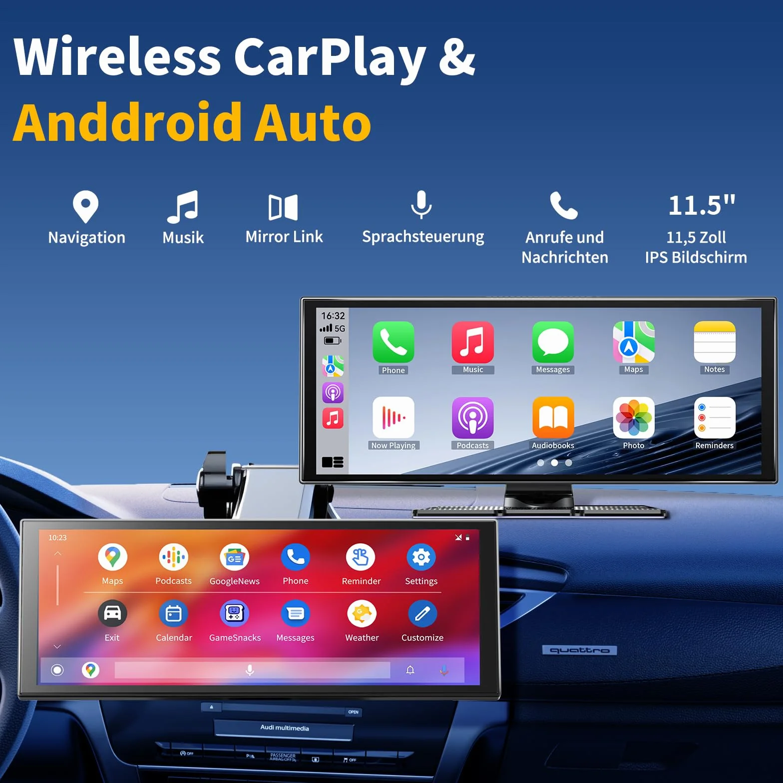 2026 Neuestes 11,5 Zoll Android Auto Display & Carplay Display: Buddy Display Car Play mit GPS Navigation 4K Dashcam Rückfahrkamera Bluetooth Sprachsteuerung IPS Touchscreen Mirror Link AUX FM 64G TF