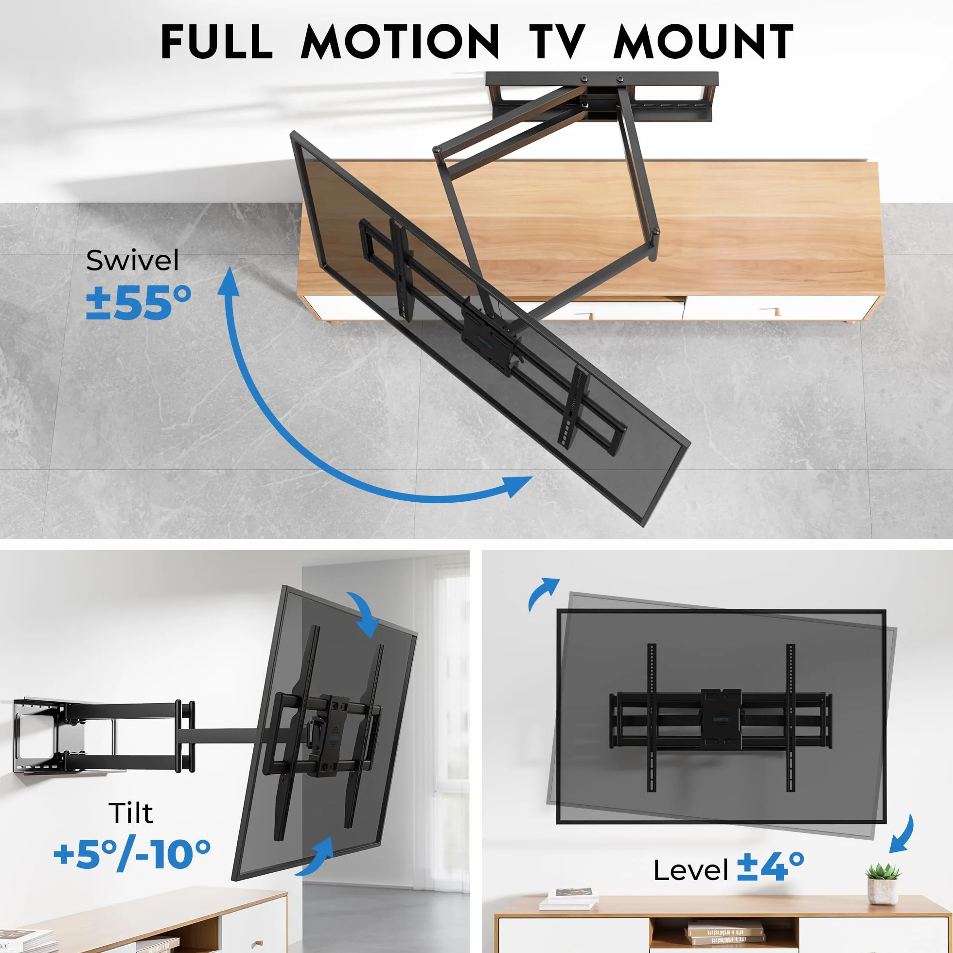BONTEC TV Wandhalterung für 60–110 Zoll Fernseher bis 125 kg, Doppelarm 1016 mm Auszug, neigbar schwenkbar, VESA 800 x 600 mm