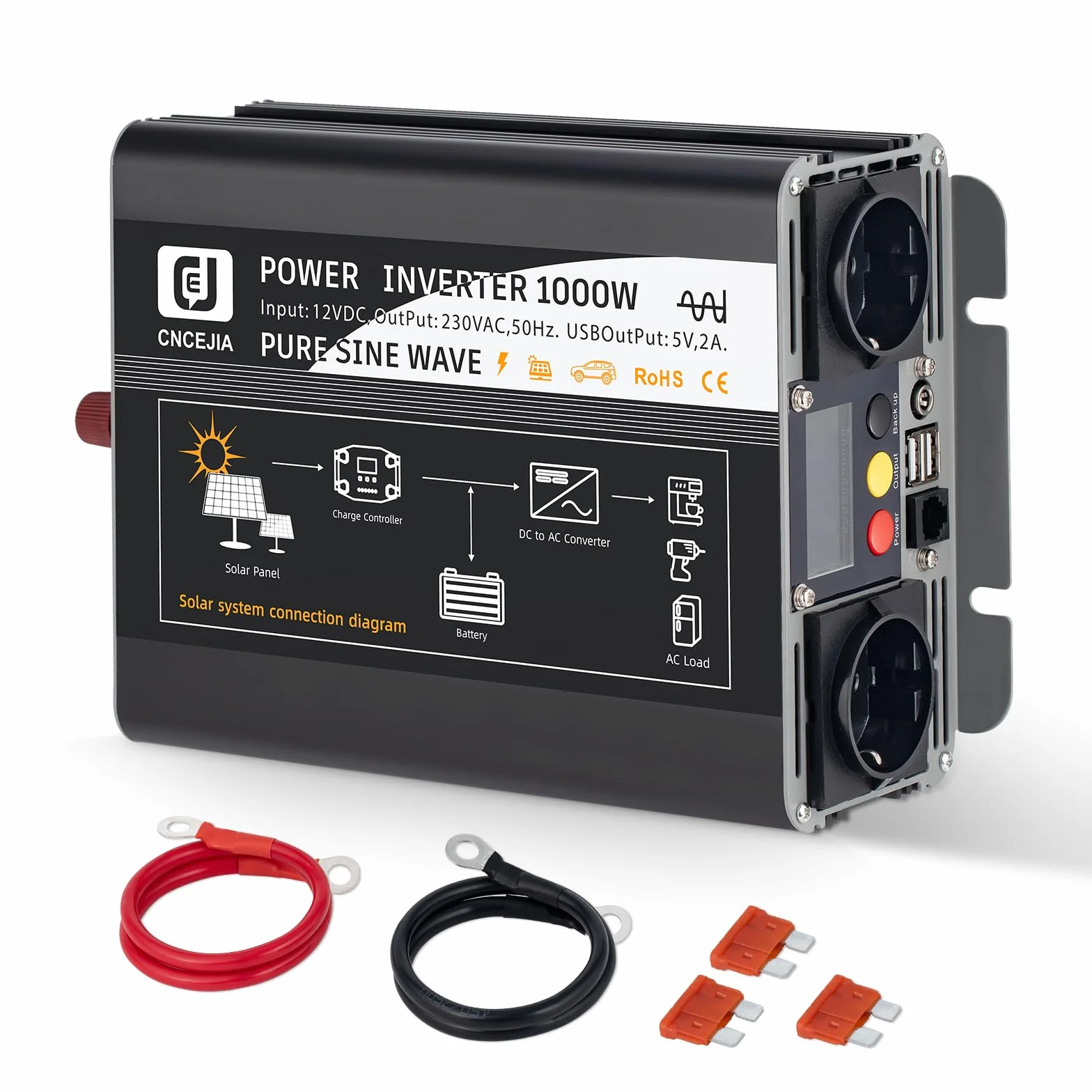 CNCEJIA 1000W Wechselrichter Reiner Sinus 12v auf 230v Spannungswandler mit 2 USB Anschlüsse 2 Steckdose LCD-Display für Auto Wohnmobil Camping (Schwarz)