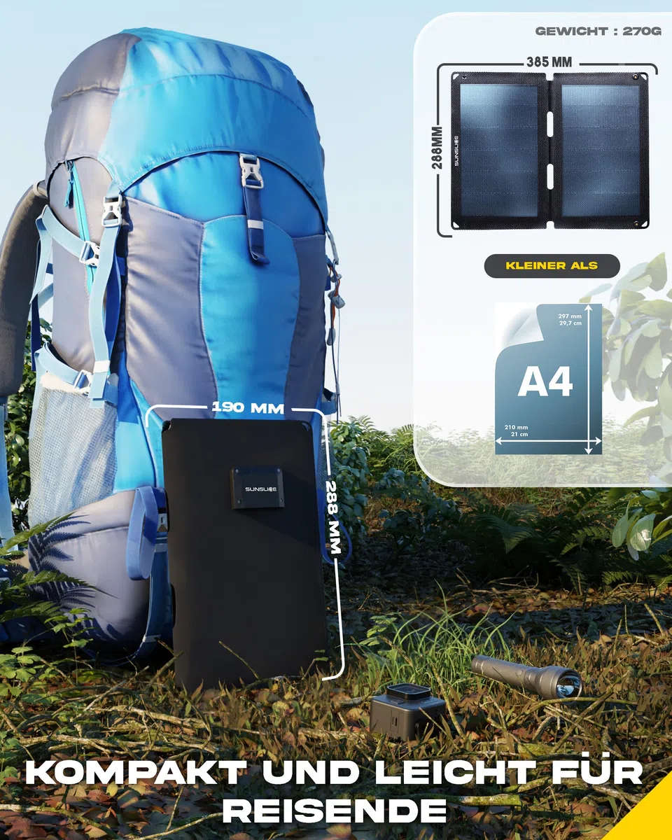 Solar Charger Outdoor, Solarmodul flexibel, Solaranlage Camping, Solar Charger wasserdicht mit leistungsstarker 12W Ladekapazität, 2 x USB Anschluss, Black