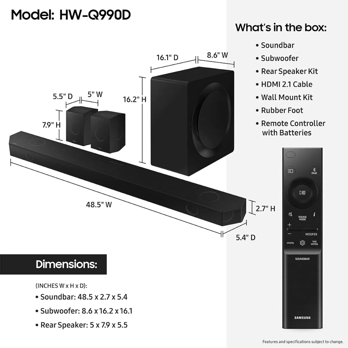 Samsung HW-Q990D Soundbar 11.1.4 ch mit Dolby-Sound, Surround-Sound-Erweiterung, adaptiver Sound, kabelloser Subwoofer, 2024