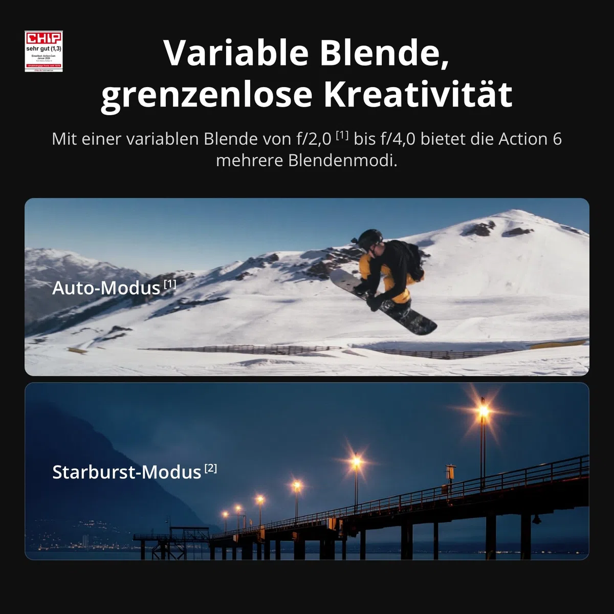 DJI Osmo Action 6 Standard Combo Unterwasser-Action-Cam 1/1,1-Zoll-Quadratsensor 50 GB Speicher Variable Blende f/2,0 bis f/4,0 kältebeständig 4 Std. Akkulaufzeit 8K
