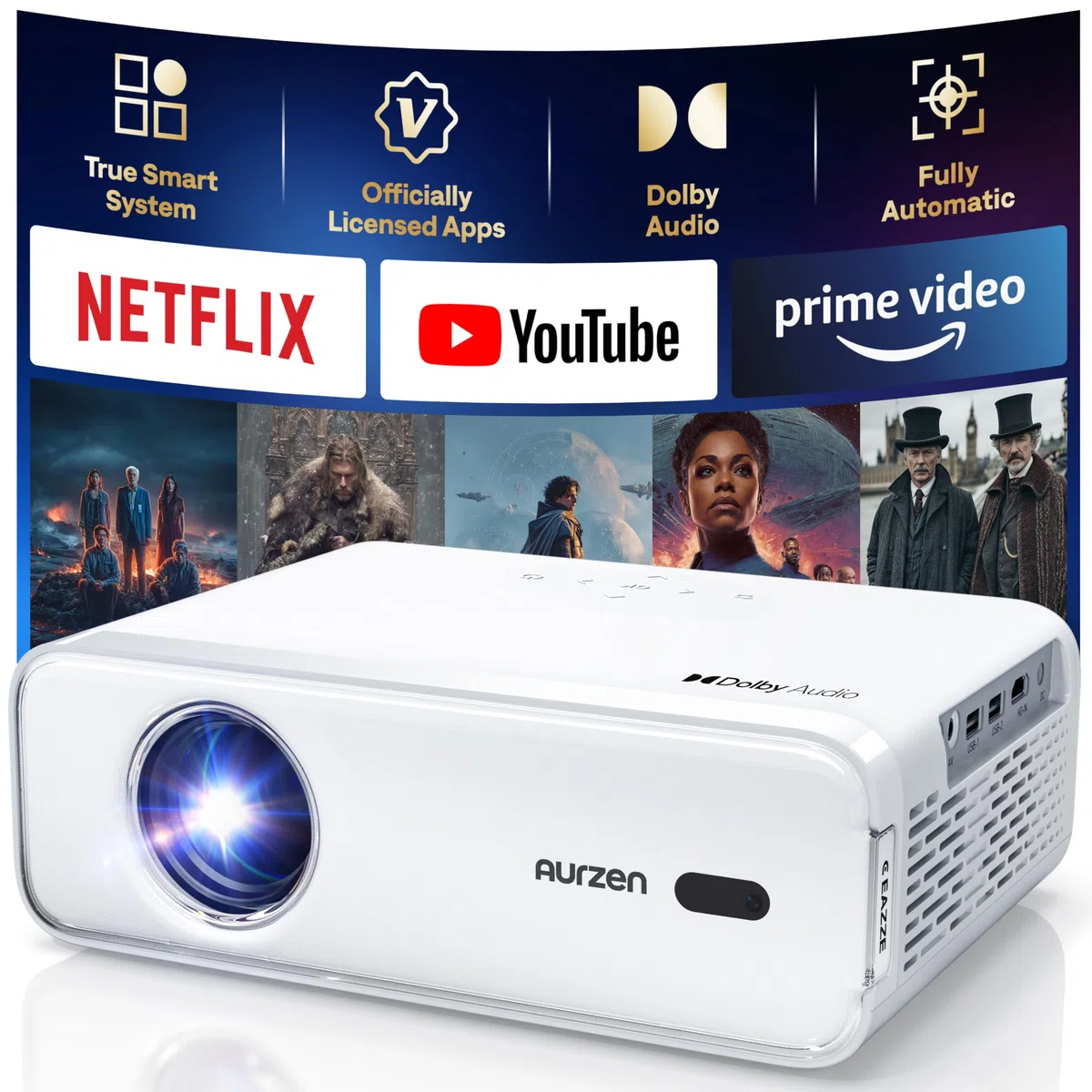 Aurzen EAZZE D1 Smart Beamer 4K Full HD 1080P Projektor mit Netflix Dolby Audio Autofokus Trapezkorrektur Mini WiFi Bluetooth Weiß