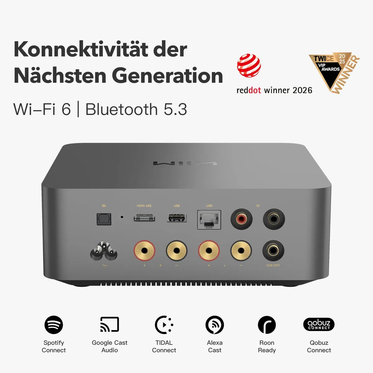 WiiM Amp Ultra Streaming-Verstärker 100W ESS ES9039Q2M DAC Dual TI TPA3255 Amps RoomFit EQ Touchscreen HDMI ARC Optisch RCA Space Grau