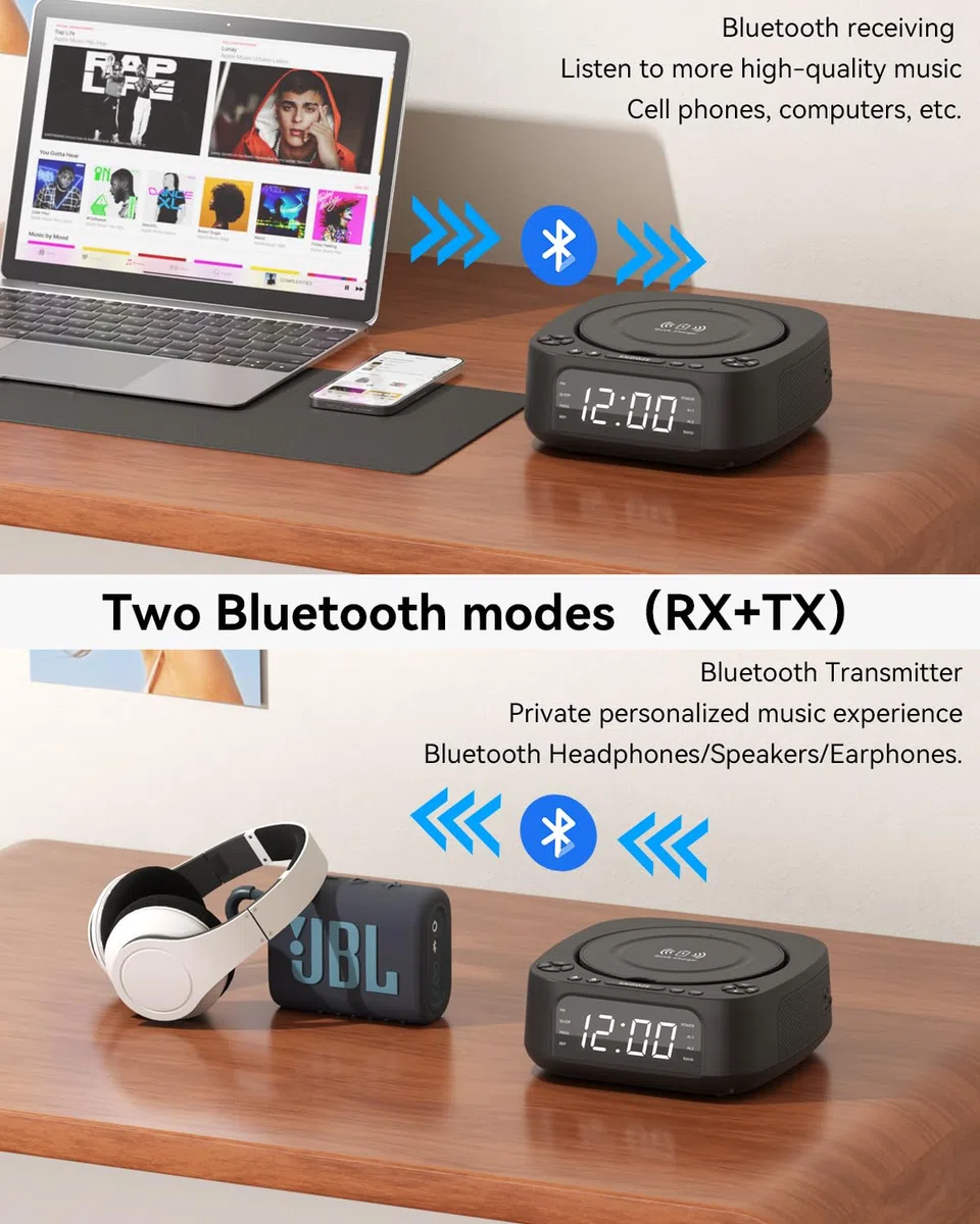 MONODEAL CD Player Tragbar mit Wireless Charger für Telefon, Tragbarer CD Player Bluetooth und FM Radio Für Zuhause, Fernbedienung,Groß Display, Wecker, SleepTimer